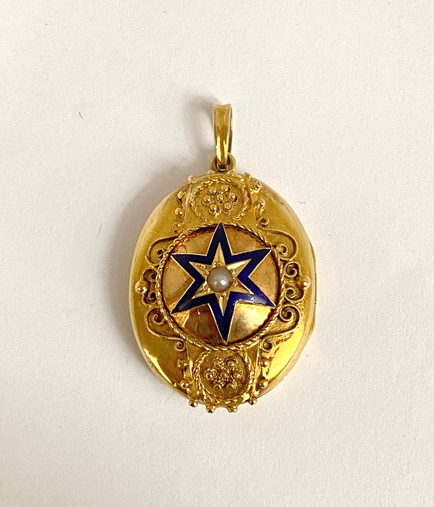 Solid 15ct Gold, Victorian, Blue Enamel and Pearl Starburst Locket, 10.12g