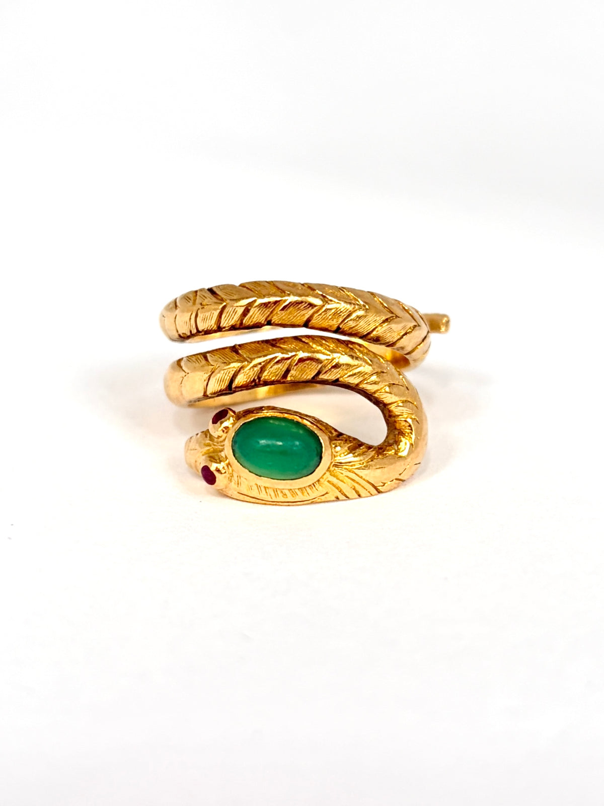 Rare, Vintage, 18ct Gold, Chrysoprase and Ruby  Snake Ring, 9.42g
