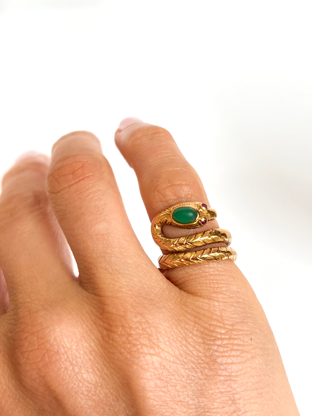 Rare, Vintage, 18ct Gold, Chrysoprase and Ruby  Snake Ring, 9.42g