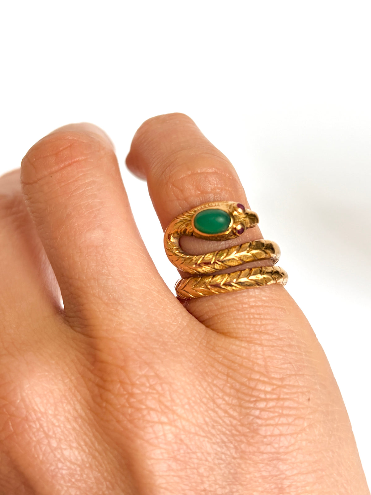 Rare, Vintage, 18ct Gold, Chrysoprase and Ruby  Snake Ring, 9.42g