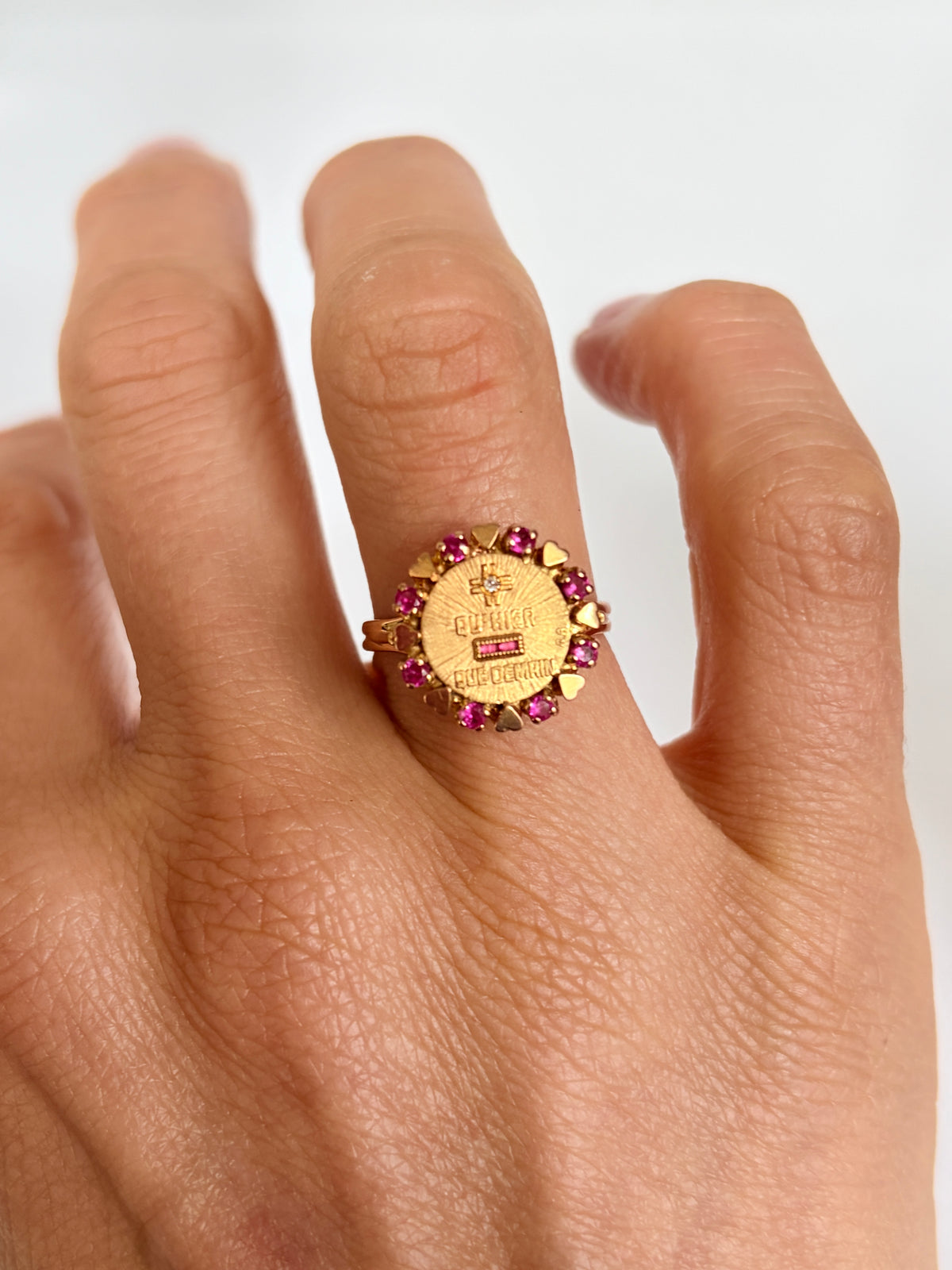 Rare, 18ct Gold, Diamond and Ruby French Augis Love Ring, 'Qu'hier - Que demain'