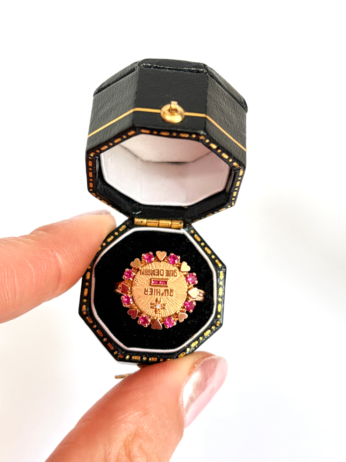 Rare, 18ct Gold, Diamond and Ruby French Augis Love Ring, 'Qu'hier - Que demain'