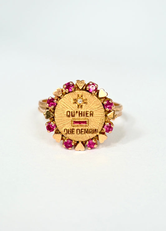 Rare, 18ct Gold, Diamond and Ruby French Augis Love Ring, 'Qu'hier - Que demain'