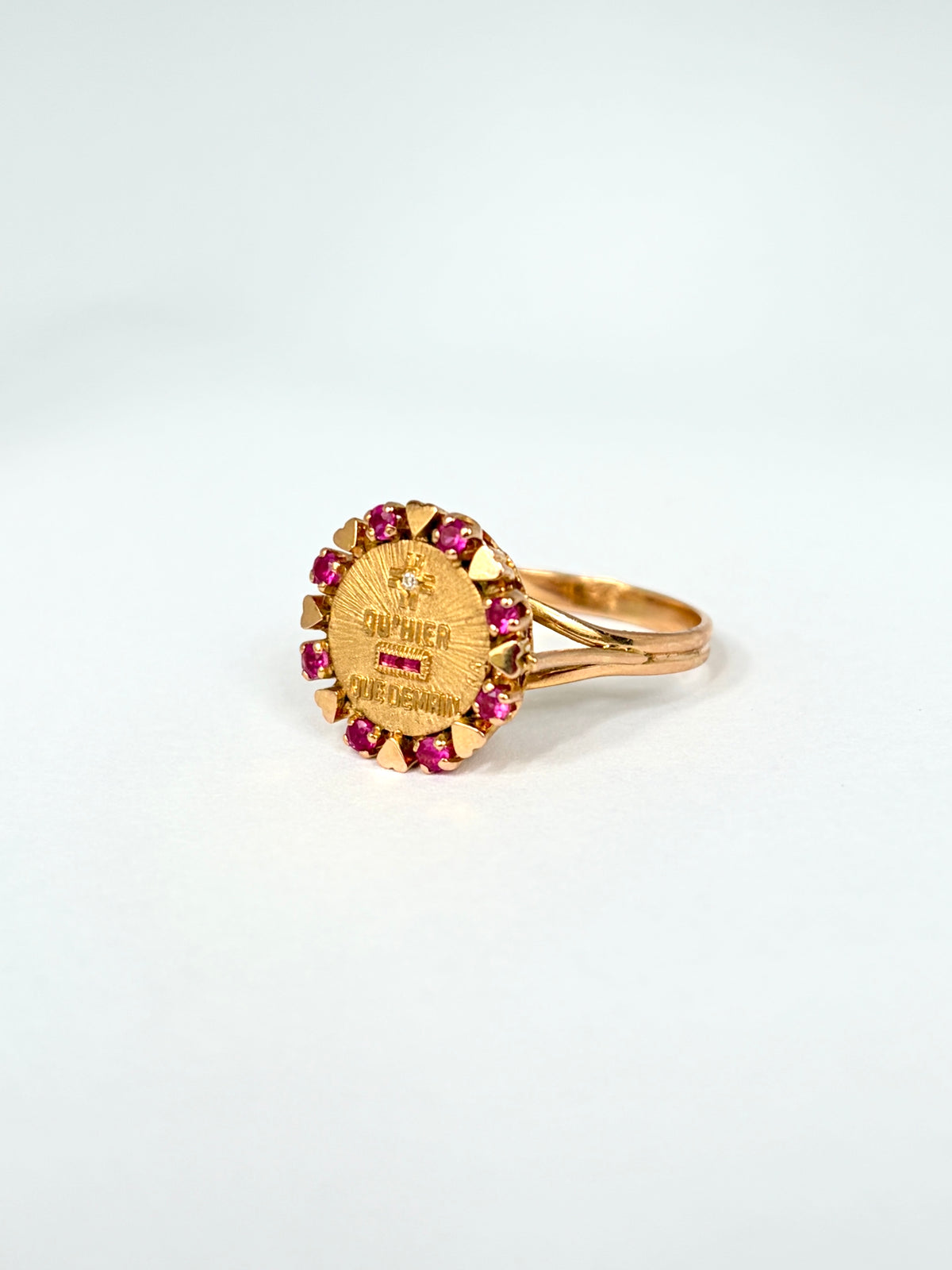 Rare, 18ct Gold, Diamond and Ruby French Augis Love Ring, 'Qu'hier - Que demain'