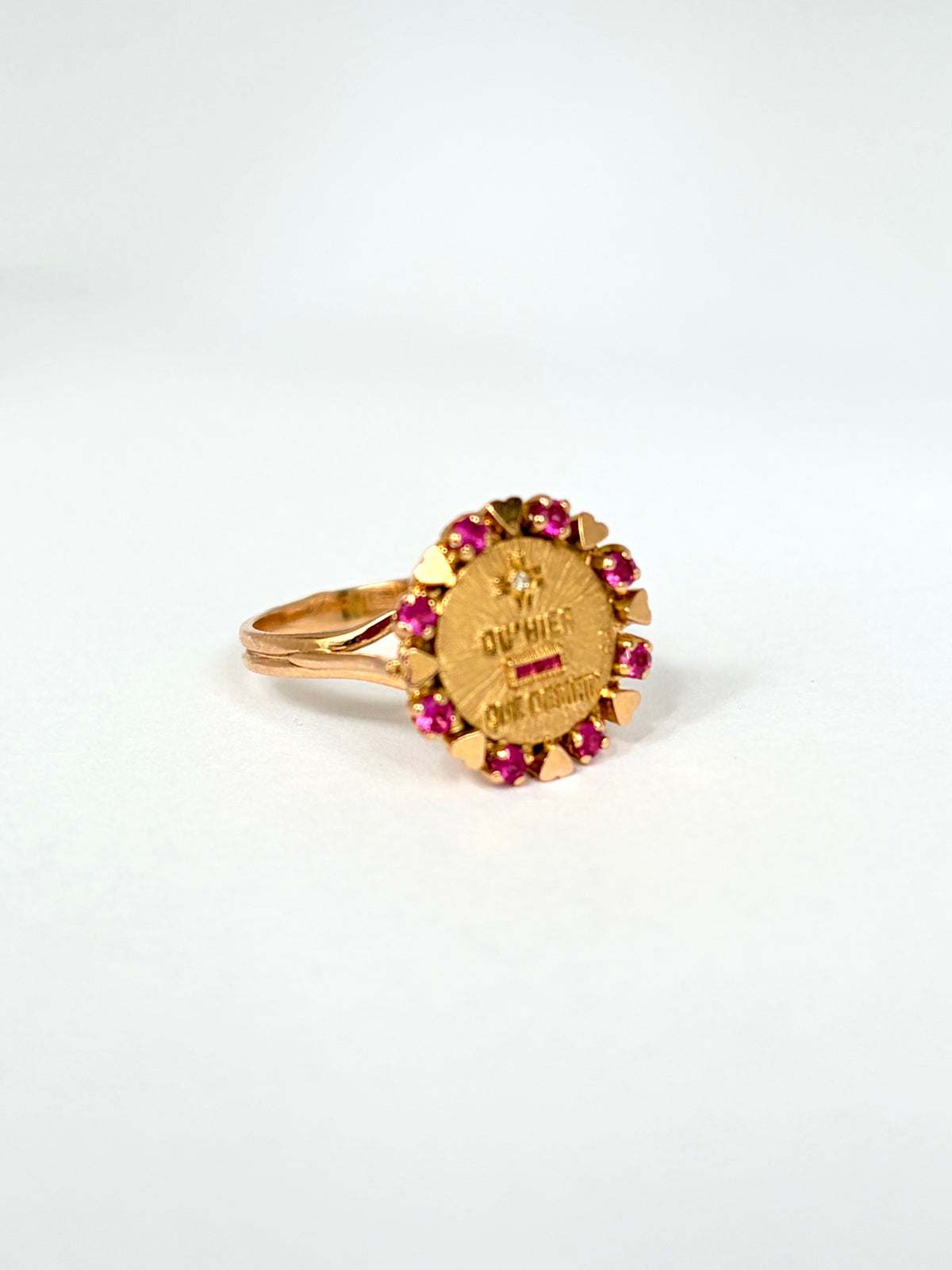 Rare, 18ct Gold, Diamond and Ruby French Augis Love Ring, 'Qu'hier - Que demain'