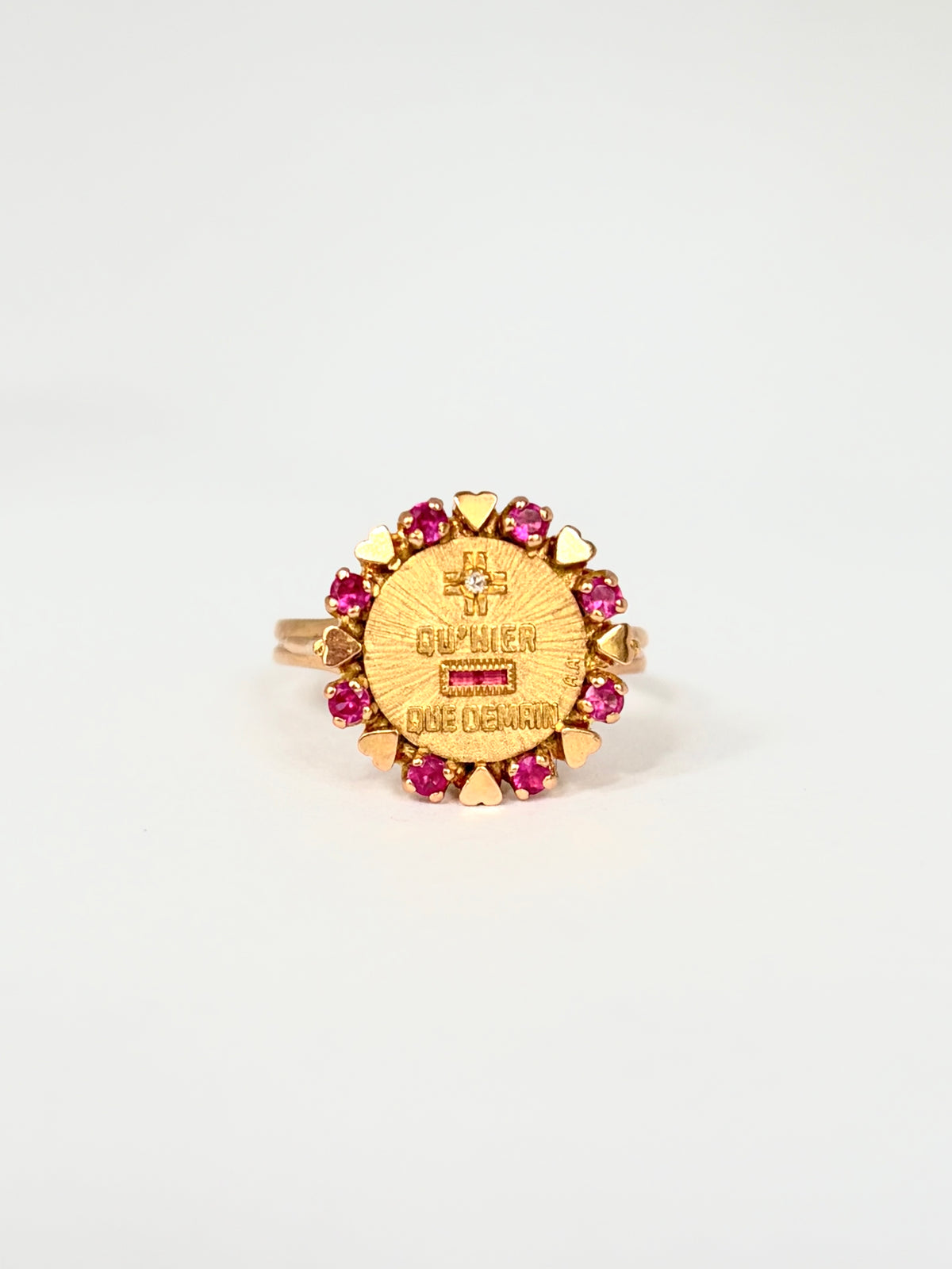 Rare, 18ct Gold, Diamond and Ruby French Augis Love Ring, 'Qu'hier - Que demain'