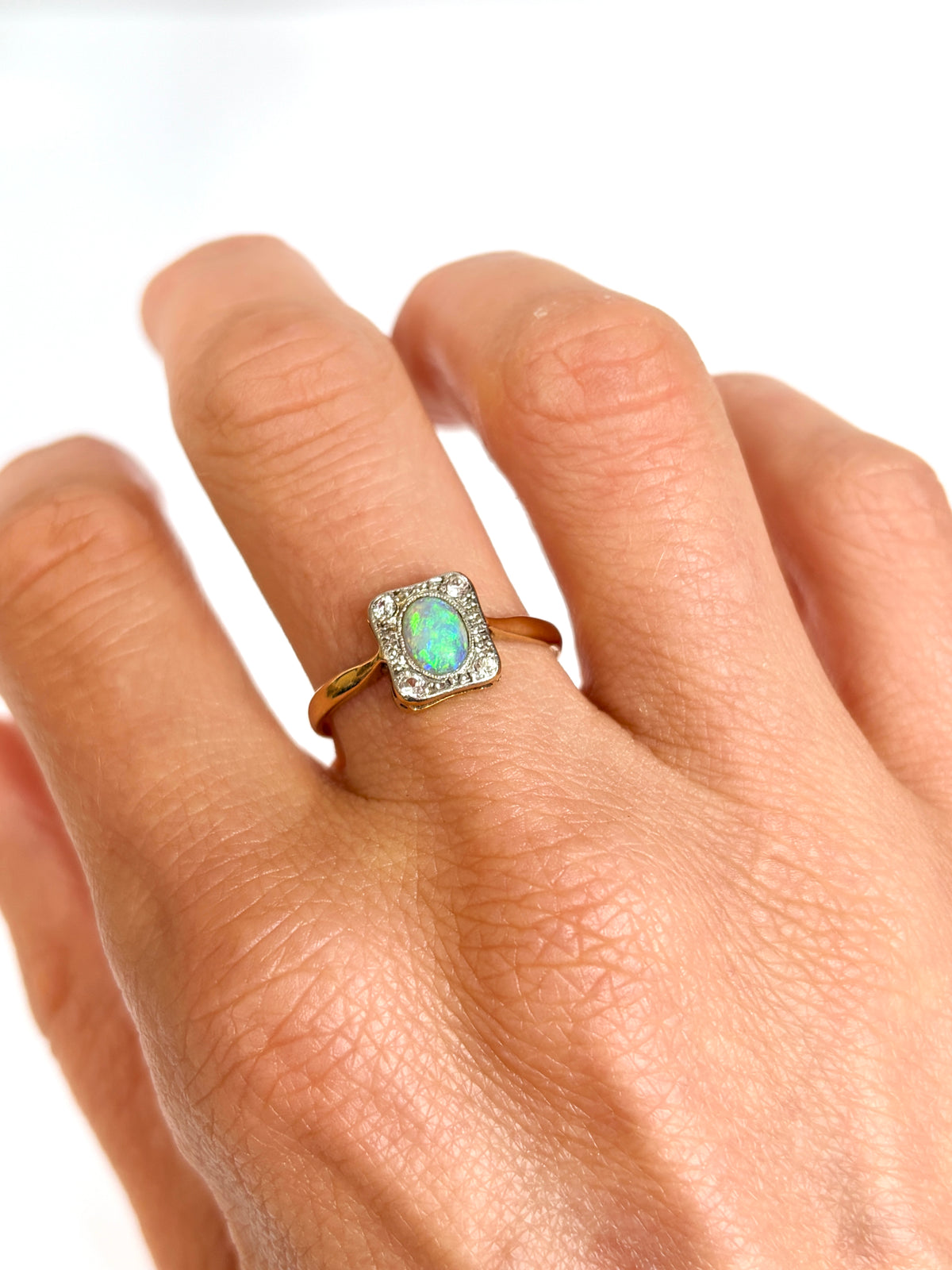 Vintage, Platinum Opal and Old Cut Diamond Cluster Ring, Marked 18ct/Plat