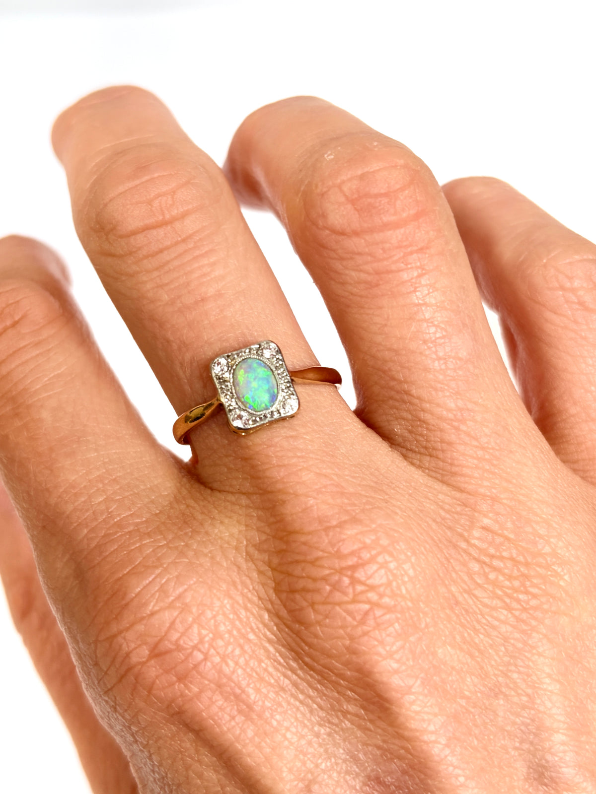 Vintage, Platinum Opal and Old Cut Diamond Cluster Ring, Marked 18ct/Plat