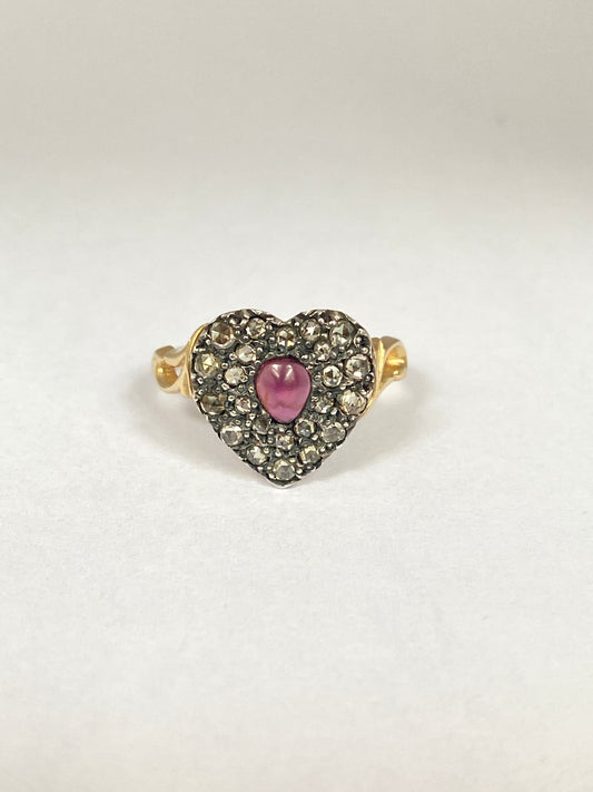 Vintage 15ct Gold, Rose cut Diamond and Garnet Heart Ring