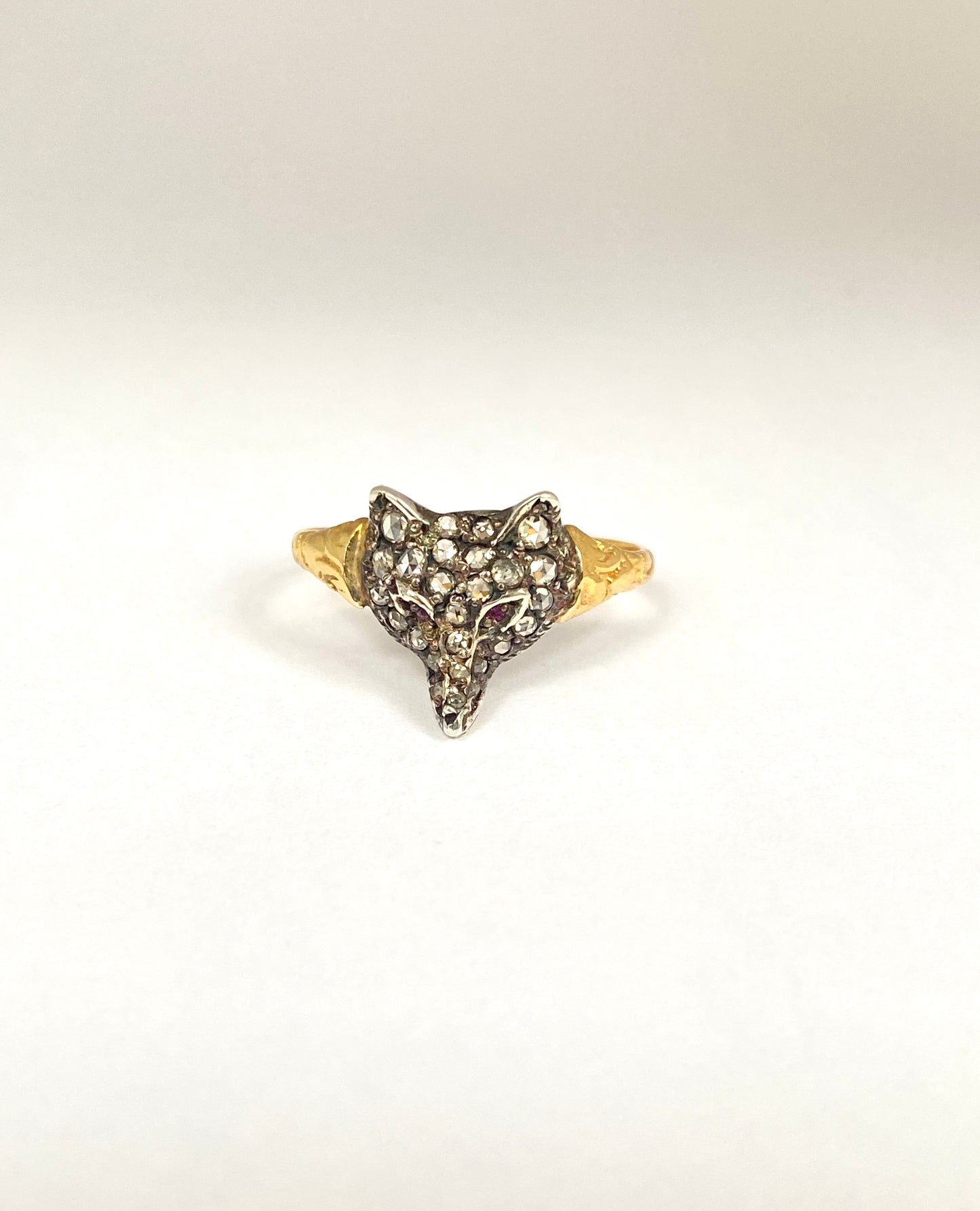 RESERVED FOR EUTHYMIA Vintage, 15ct Gold, Rose Cut Diamond and Ruby eyed Fox Head Ring