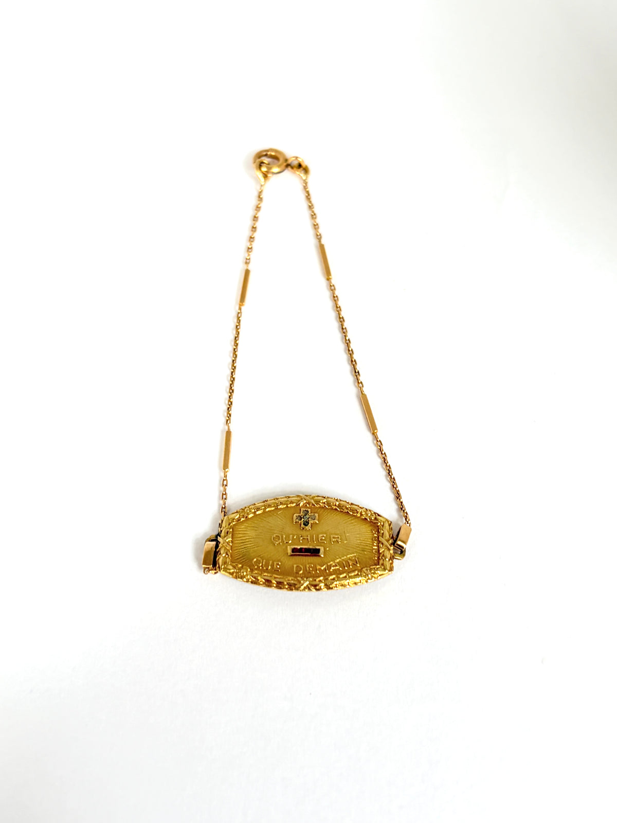 Rare, Antique, 18ct Gold, Diamond and Ruby French Augis Love Bracelet, 'Qu'hier - Que demain'