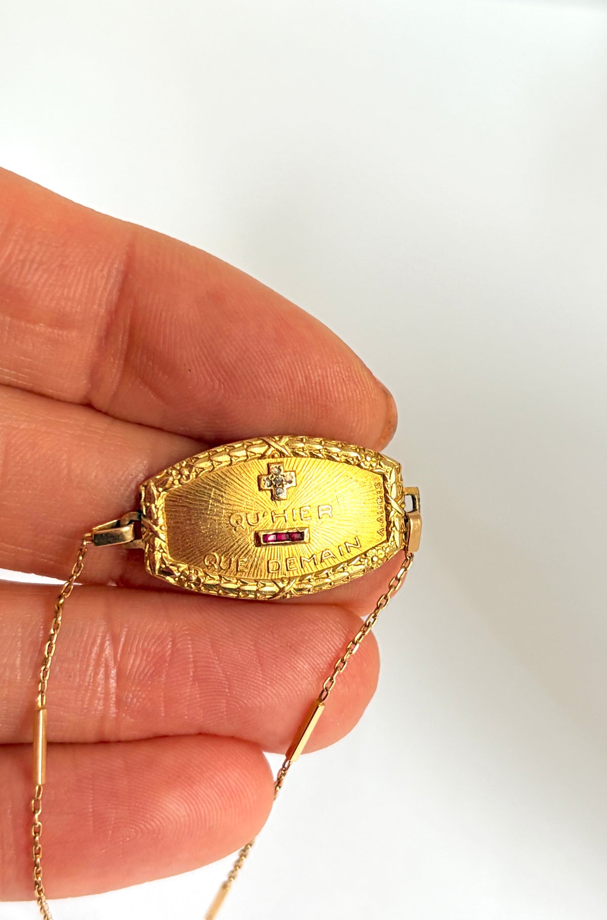 Rare, Antique, 18ct Gold, Diamond and Ruby French Augis Love Bracelet, 'Qu'hier - Que demain'