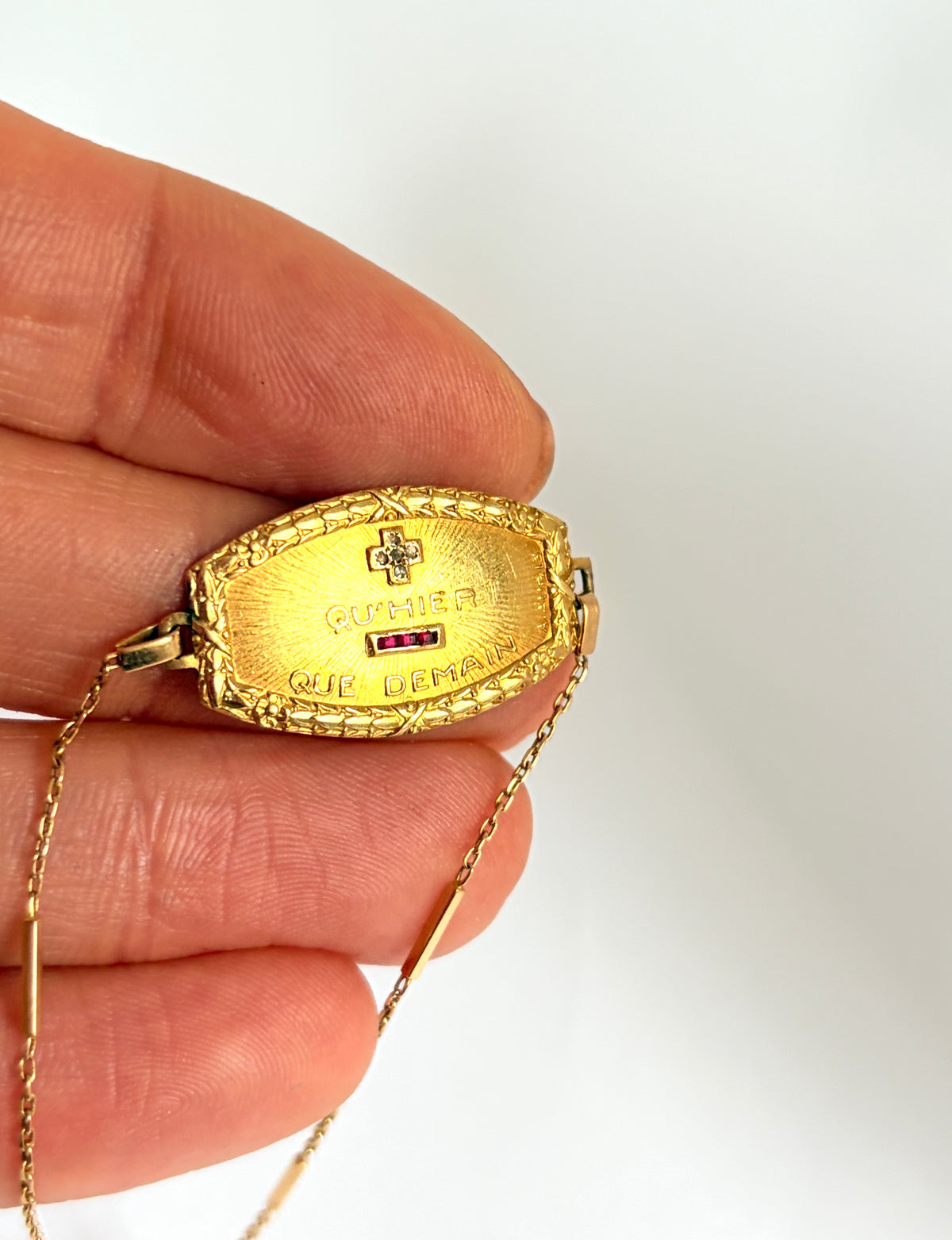 Rare, Antique, 18ct Gold, Diamond and Ruby French Augis Love Bracelet, 'Qu'hier - Que demain'