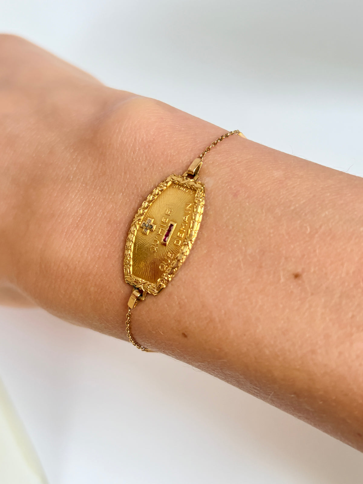 Rare, Antique, 18ct Gold, Diamond and Ruby French Augis Love Bracelet, 'Qu'hier - Que demain'