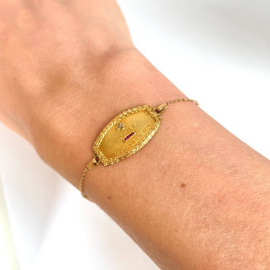 Rare, Antique, 18ct Gold, Diamond and Ruby French Augis Love Bracelet, 'Qu'hier - Que demain'