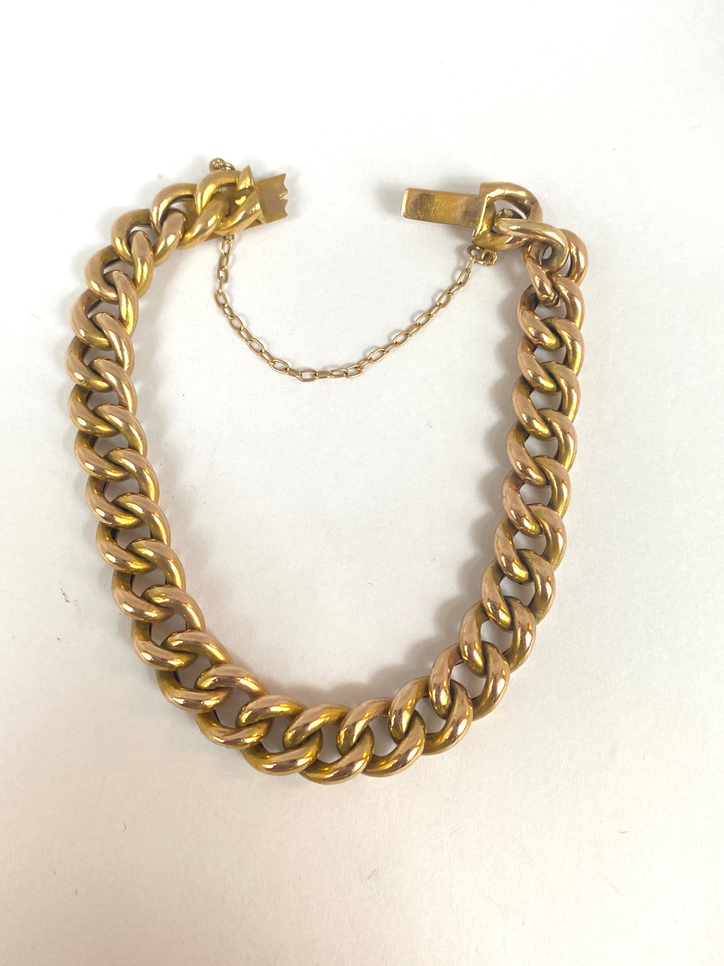 Antique, 15ct Gold Curb Chain Bracelet with Safety Chain (7 inches) 16.20g