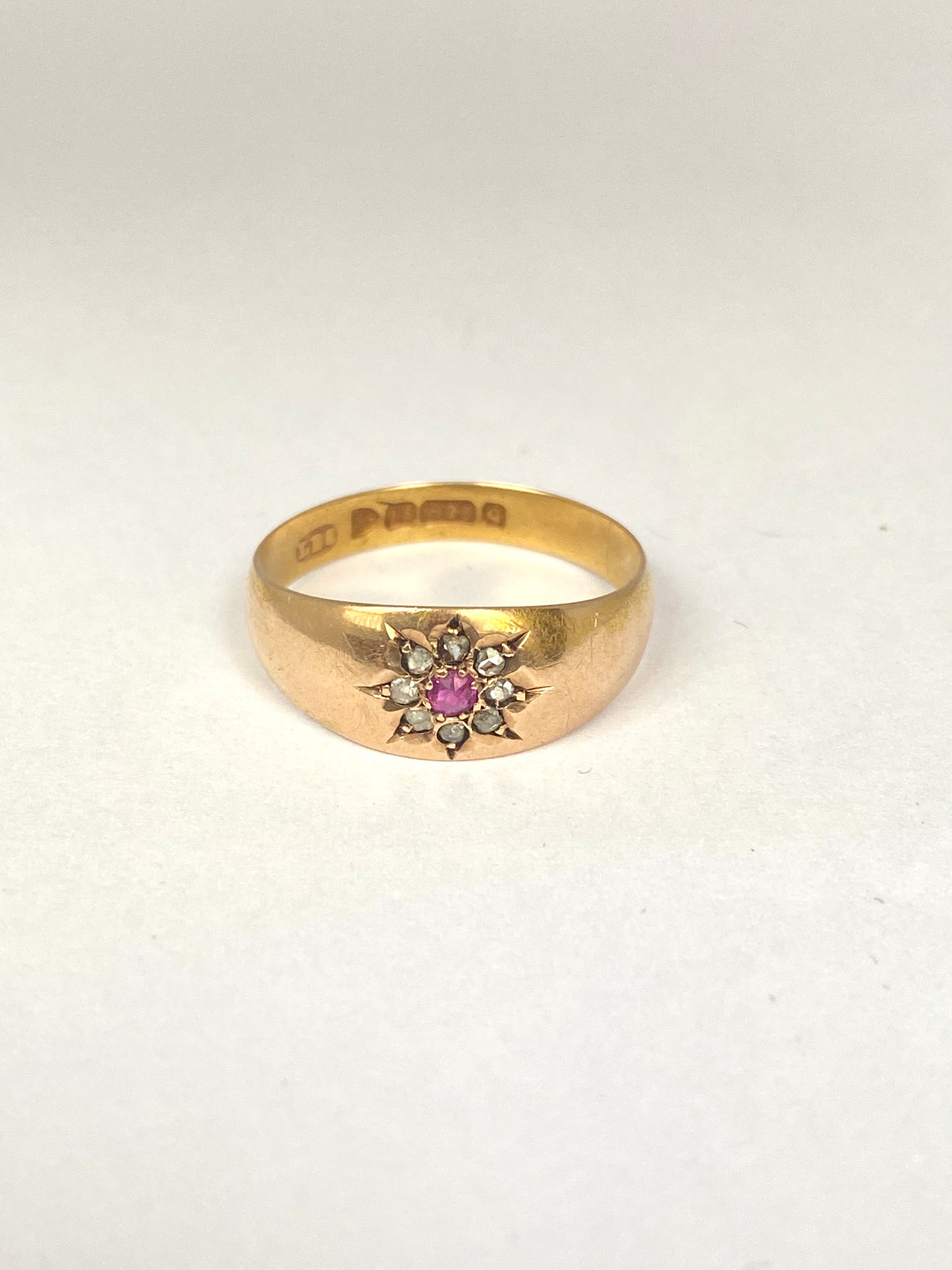 Antique, Victorian, 15ct Gold Ruby and Diamond Gypsy Flower Ring, Hallmarked Chester, 1899