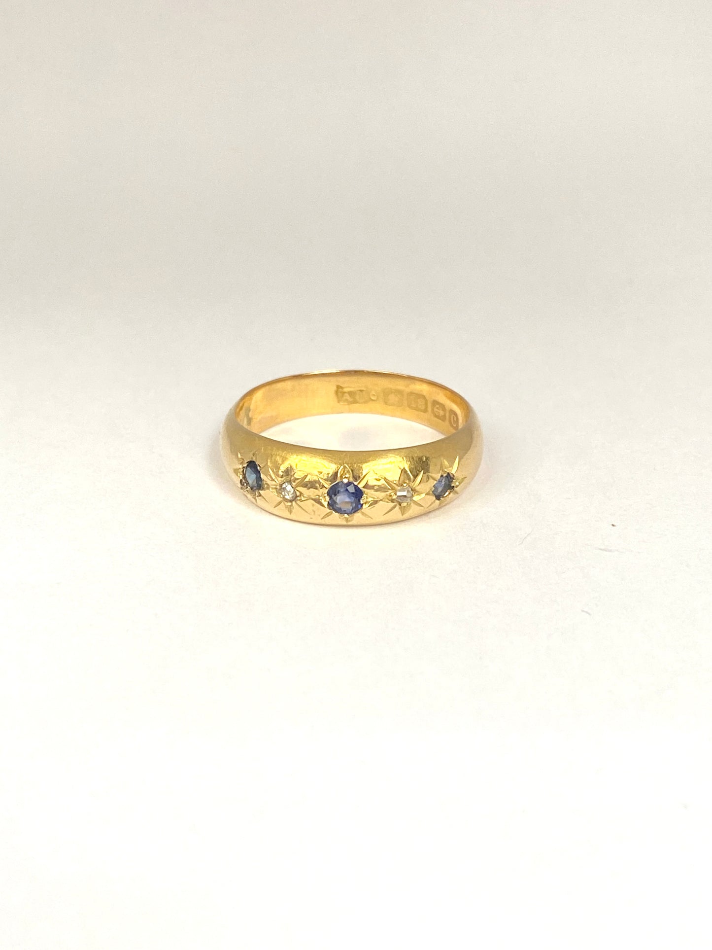 Antique Edwardian 18ct Gold Cornflower Sapphire and Diamond Gypsy Ring, Hallmarked Birmingham, 1902