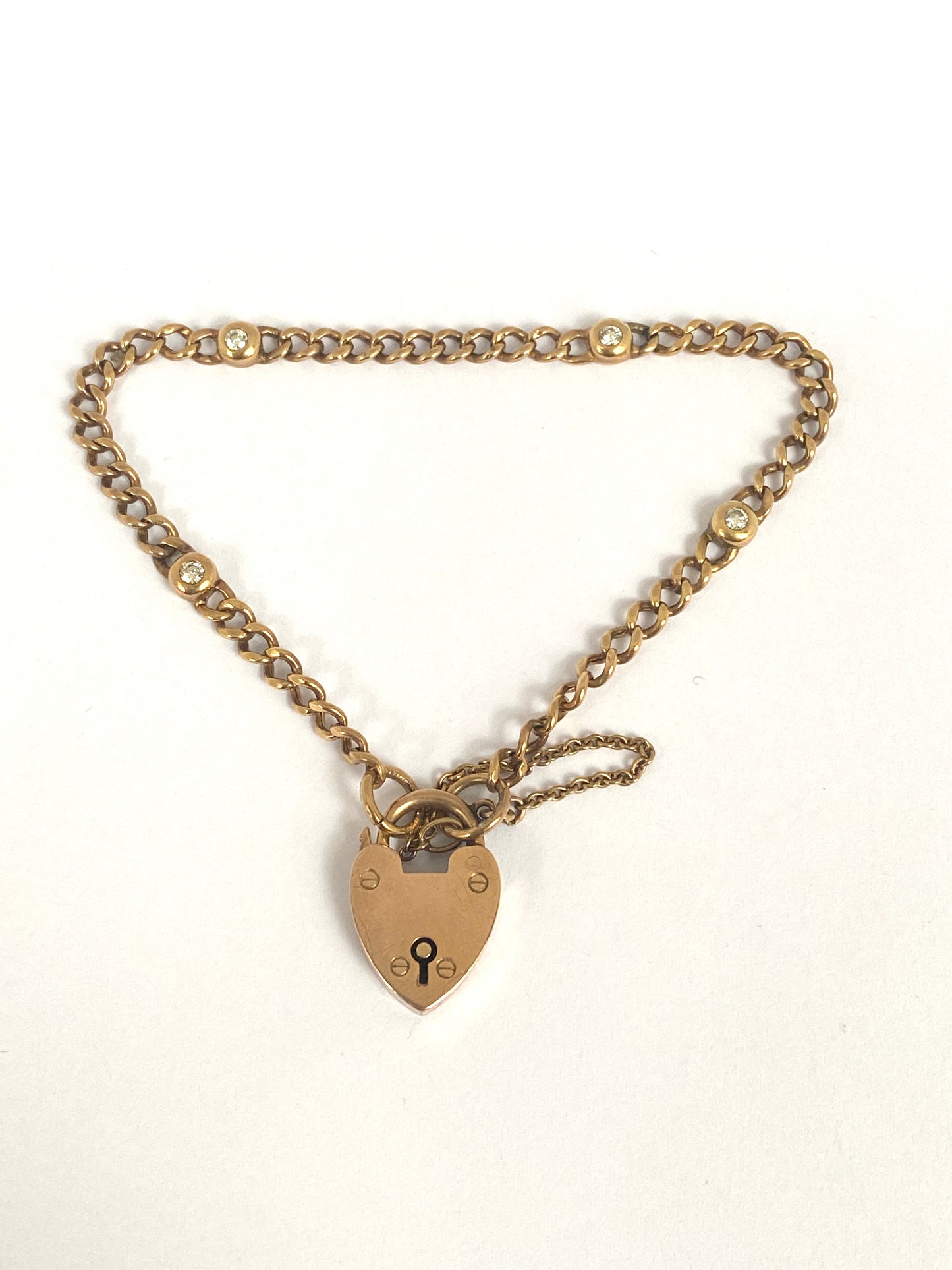 Antique, 9ct Gold Curb Chain with Bezel set Diamonds and Heart Padlock, Hallmarked Birmingham 1903