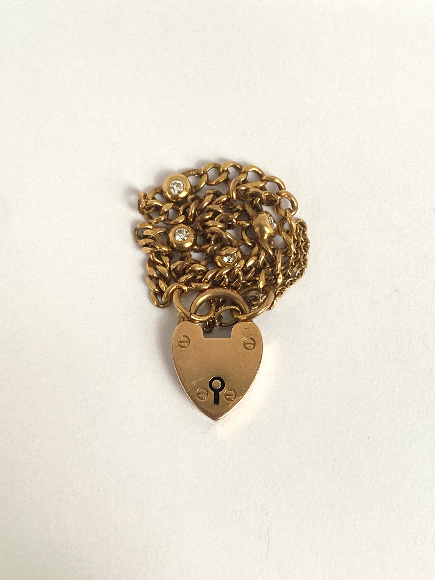 Antique, 9ct Gold Curb Chain with Bezel set Diamonds and Heart Padlock, Hallmarked Birmingham 1903