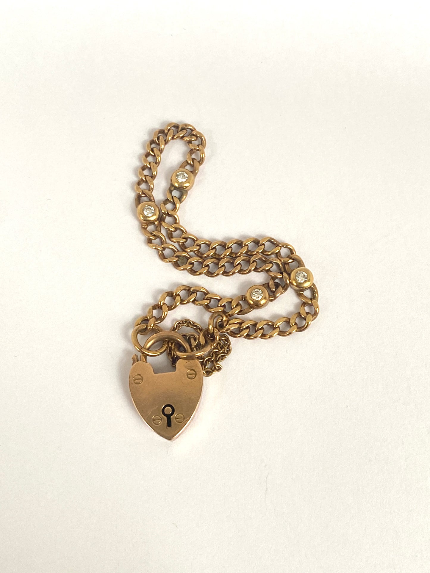 Antique, 9ct Gold Curb Chain with Bezel set Diamonds and Heart Padlock, Hallmarked Birmingham 1903