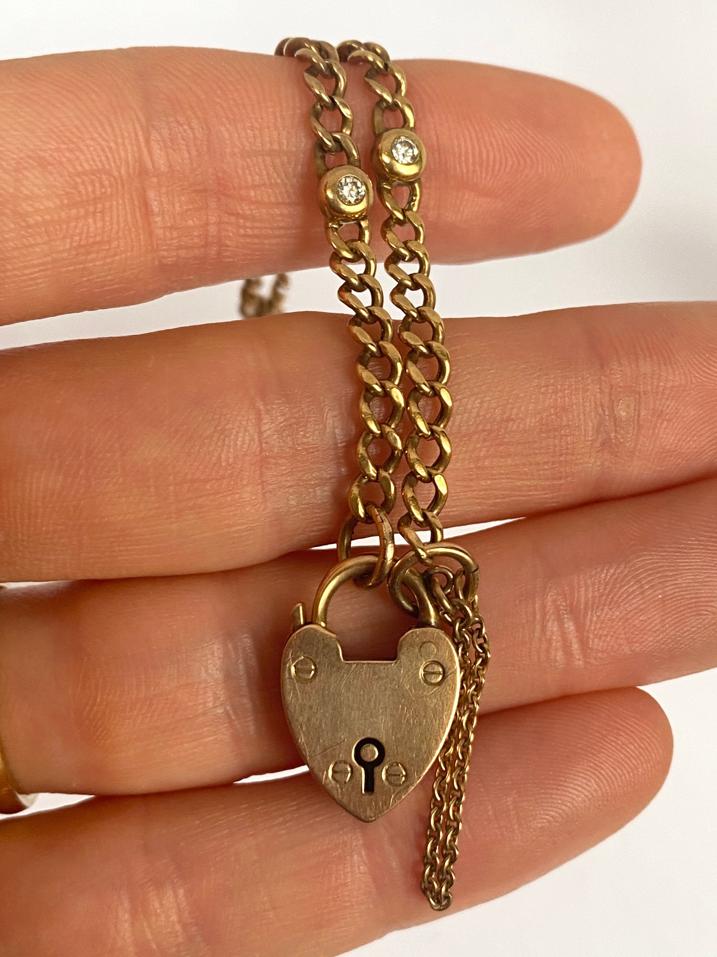 Antique, 9ct Gold Curb Chain with Bezel set Diamonds and Heart Padlock, Hallmarked Birmingham 1903