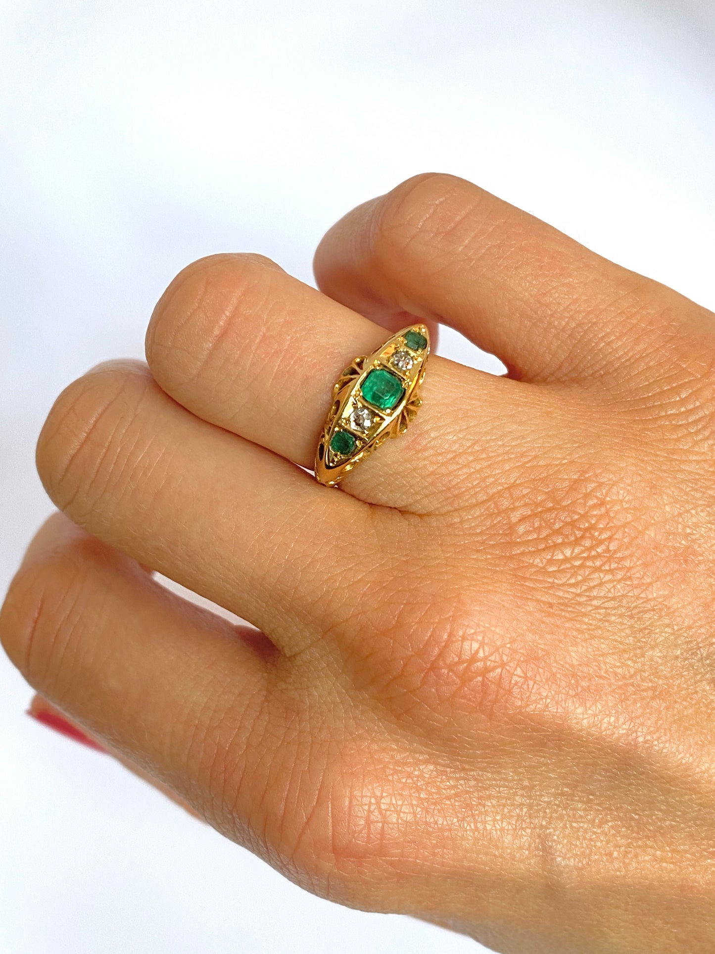 Antique, Edwardian 18ct Gold Emerald and Diamond Engagement Ring. Hallmarked, 18ct Gold, Birmingham and 1909