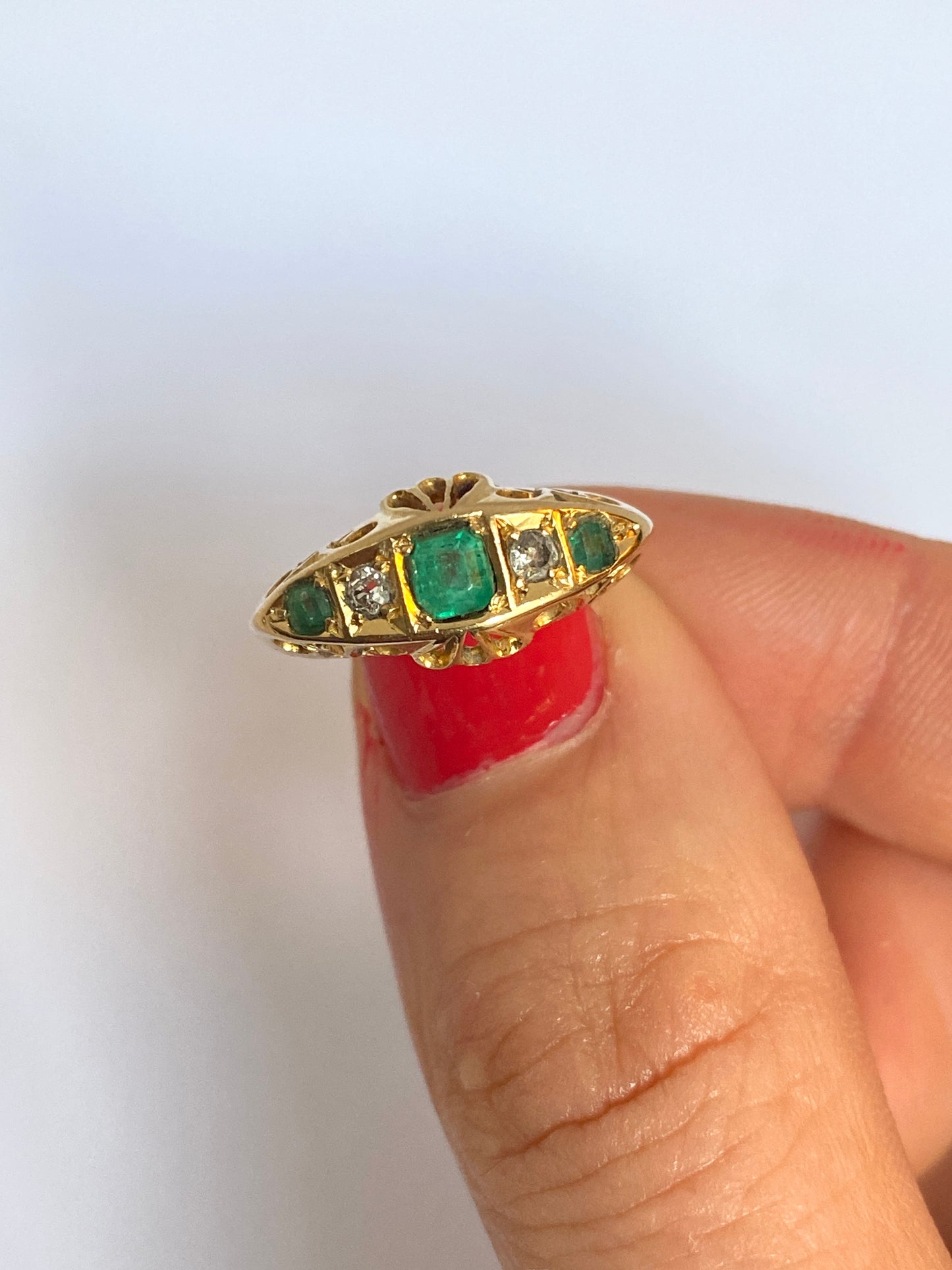 Antique, Edwardian 18ct Gold Emerald and Diamond Engagement Ring. Hallmarked, 18ct Gold, Birmingham and 1909