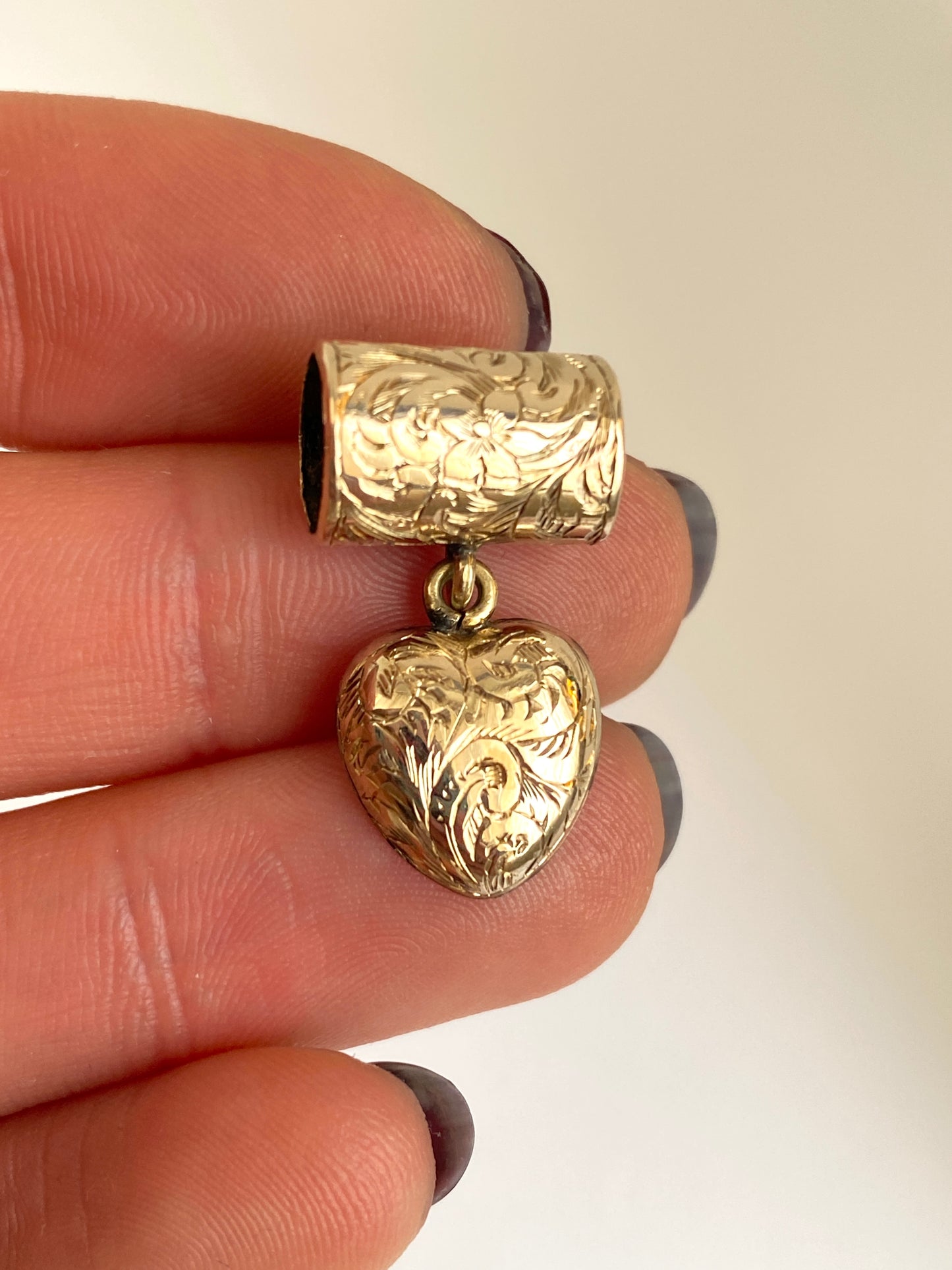 Unusual, Vintage, 9ct Gold Engraved Heart Pendant with Slider Mechanism