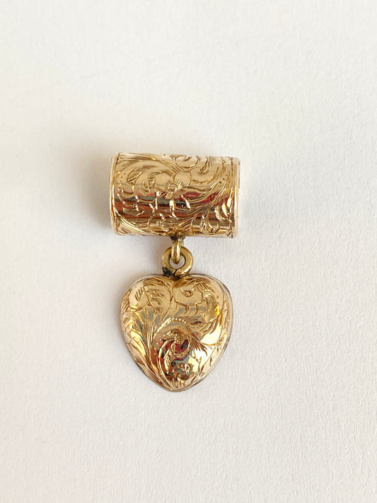 Unusual, Vintage, 9ct Gold Engraved Heart Pendant with Slider Mechanism