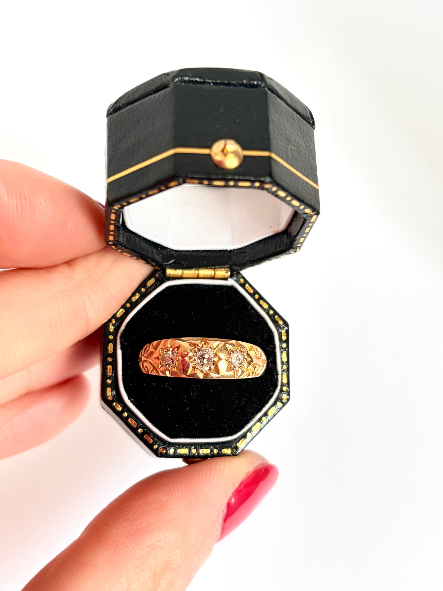 Antique 18ct Gold, Diamond Starburst Trilogy Ring, Hallmarked 18ct Gold, Chester, 1904