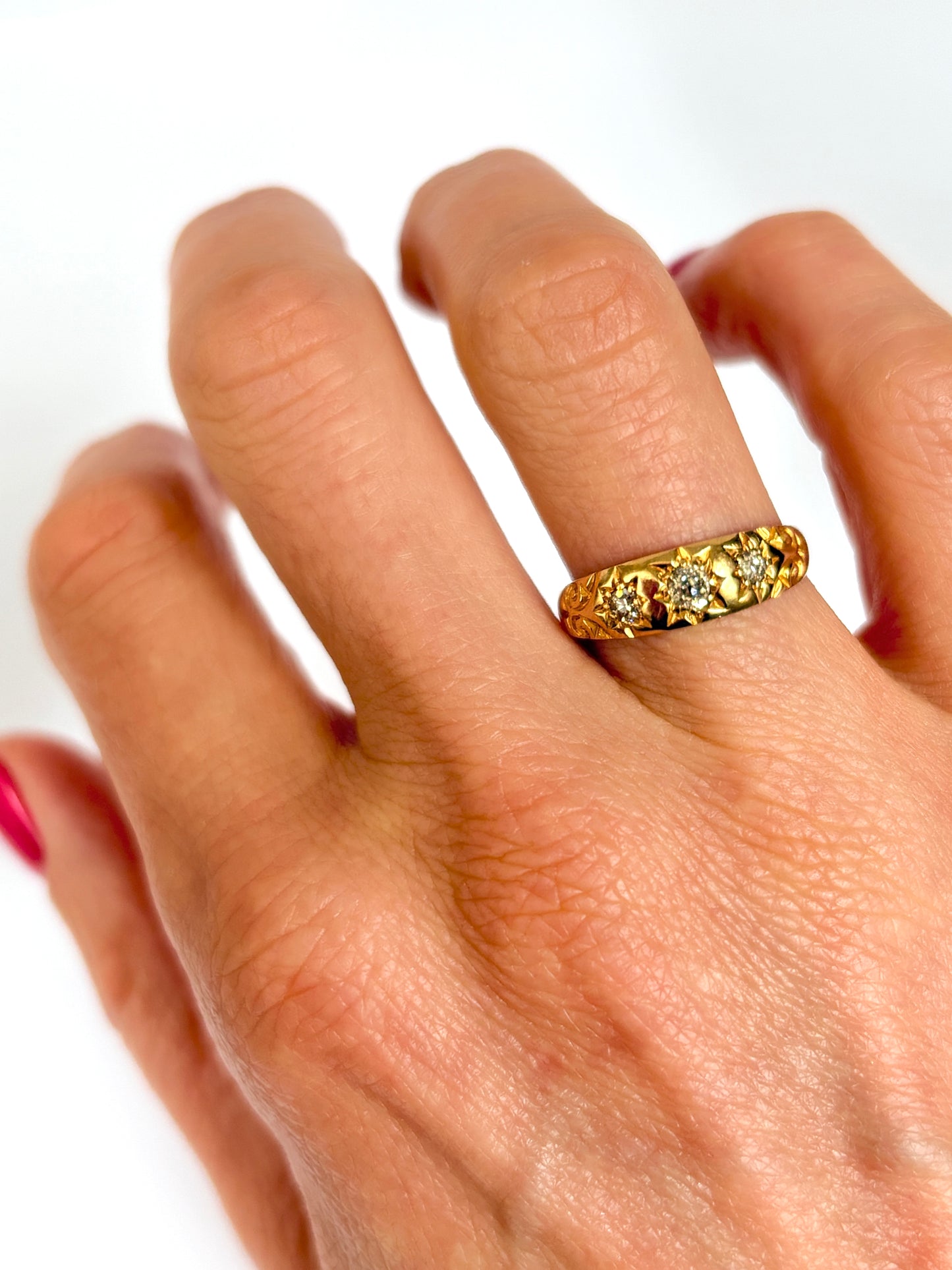 Antique 18ct Gold, Diamond Starburst Trilogy Ring, Hallmarked 18ct Gold, Chester, 1904