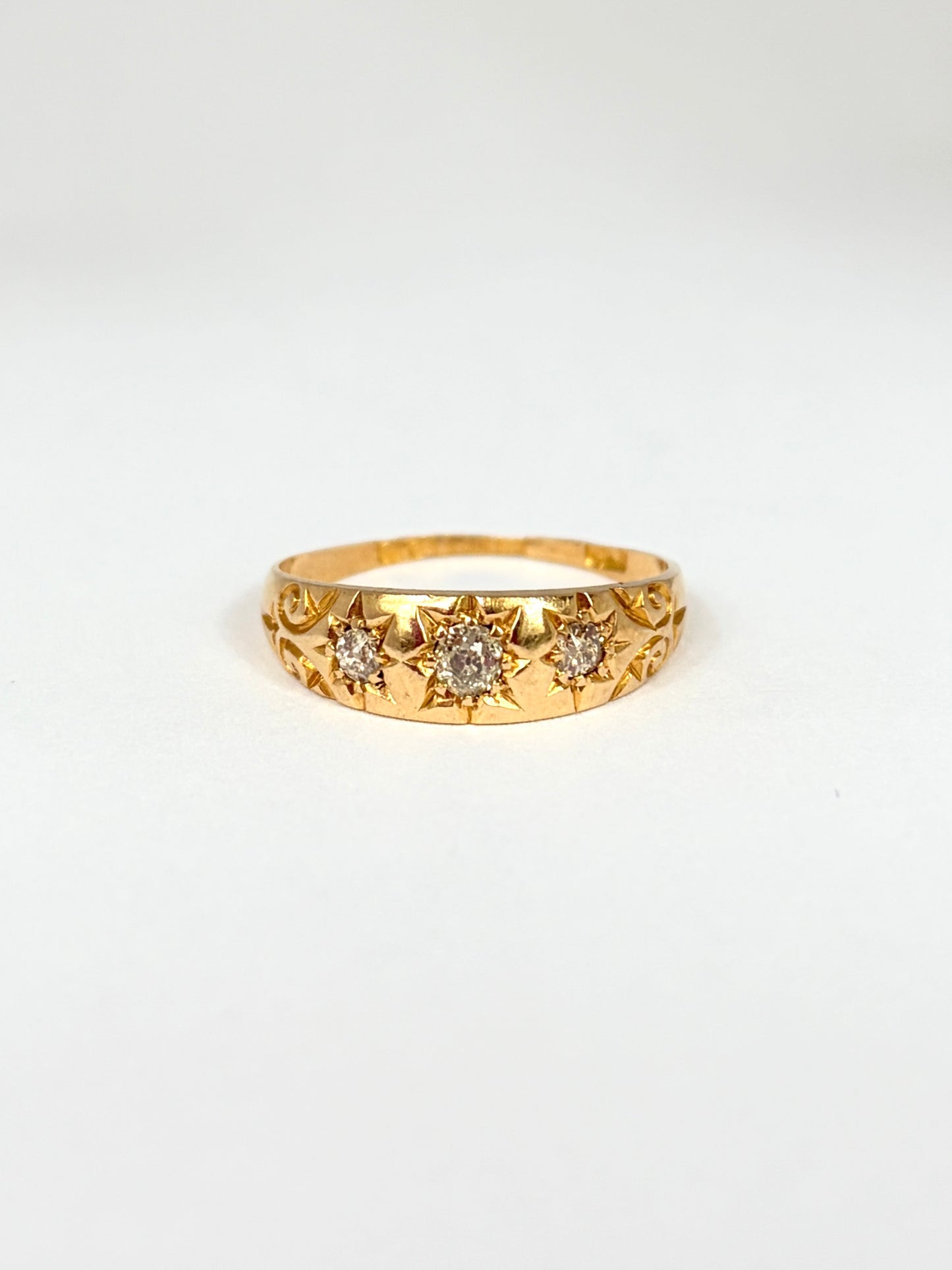 Antique 18ct Gold, Diamond Starburst Trilogy Ring, Hallmarked 18ct Gold, Chester, 1904