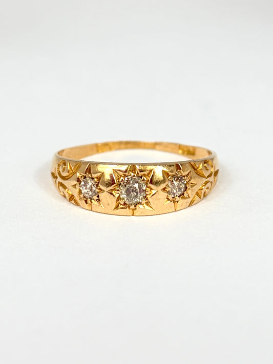 Antique 18ct Gold, Diamond Starburst Trilogy Ring, Hallmarked 18ct Gold, Chester, 1904