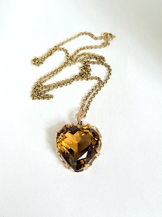 Vintage 9ct Gold, Large Citrine Heart necklace, 14.52g