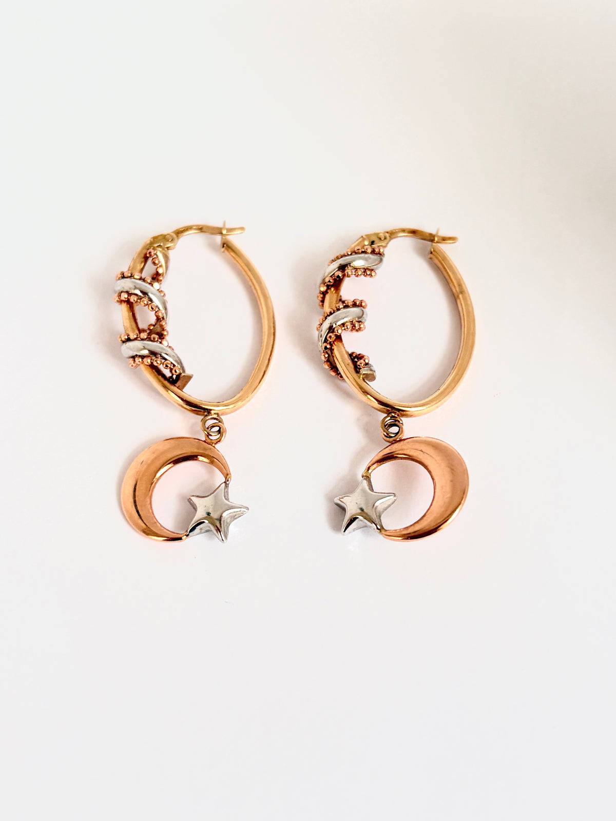 Vintage, 14ct Rose and White Gold Hoop Earrings with Celestial detail
