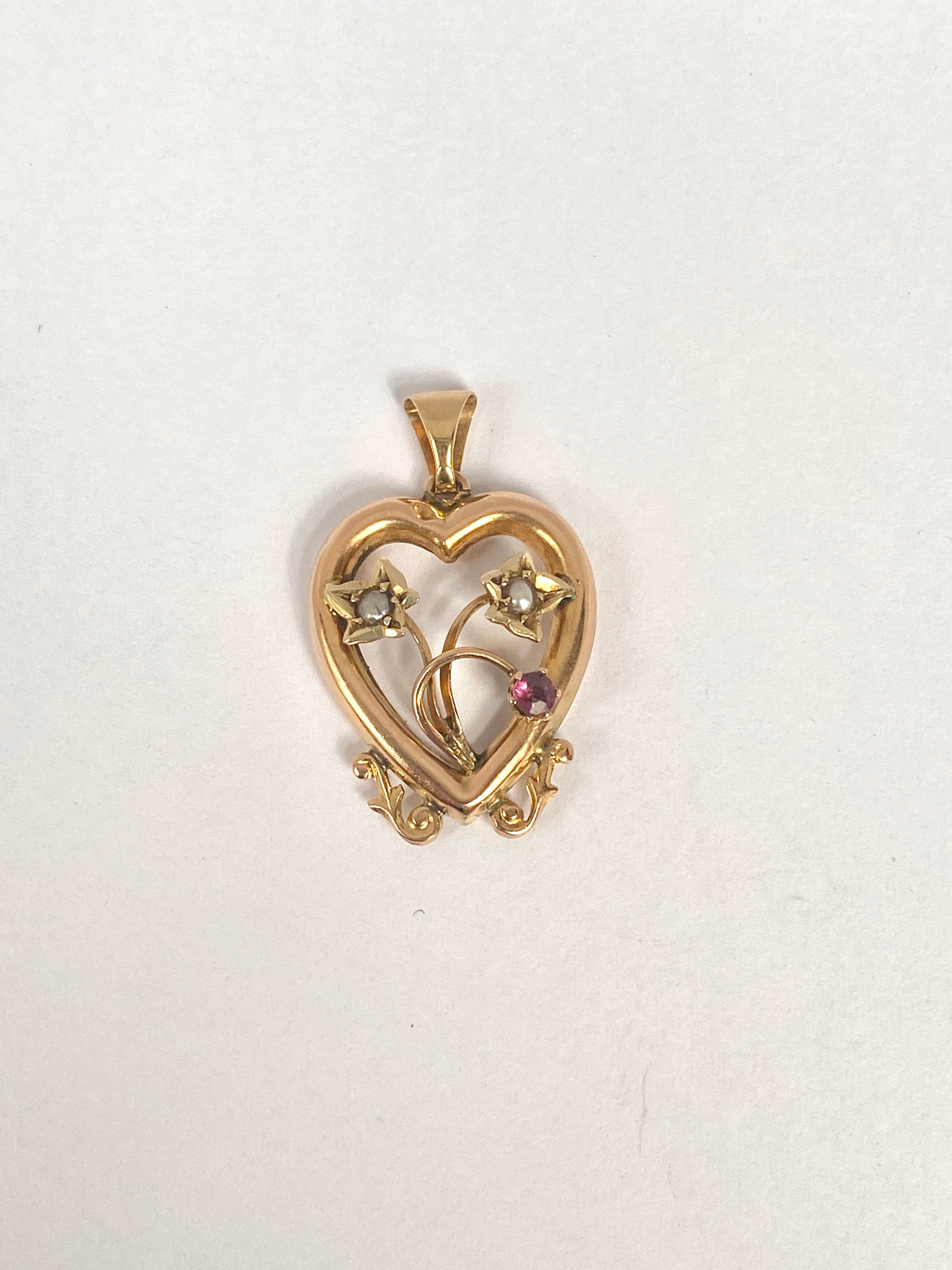 Vintage, 9ct Gold Floral Heart Pendant With Amethyst And Pearl, Comple 