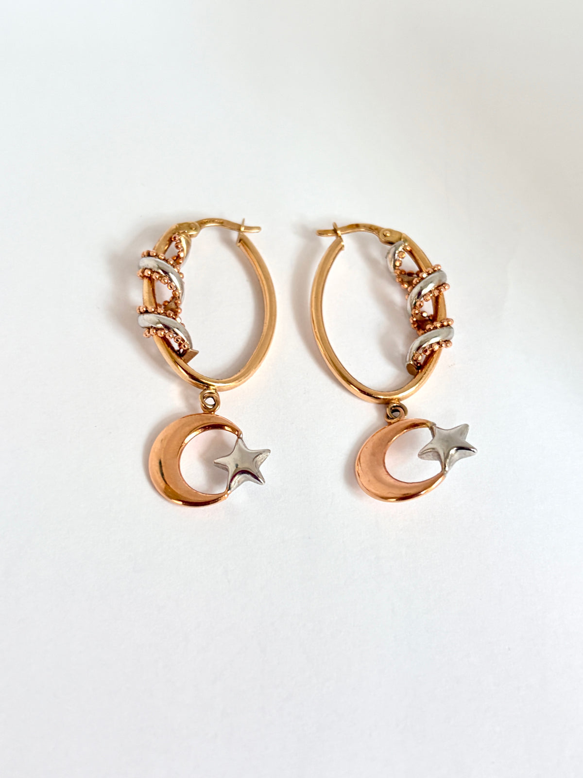 Vintage, 14ct Rose and White Gold Hoop Earrings with Celestial detail