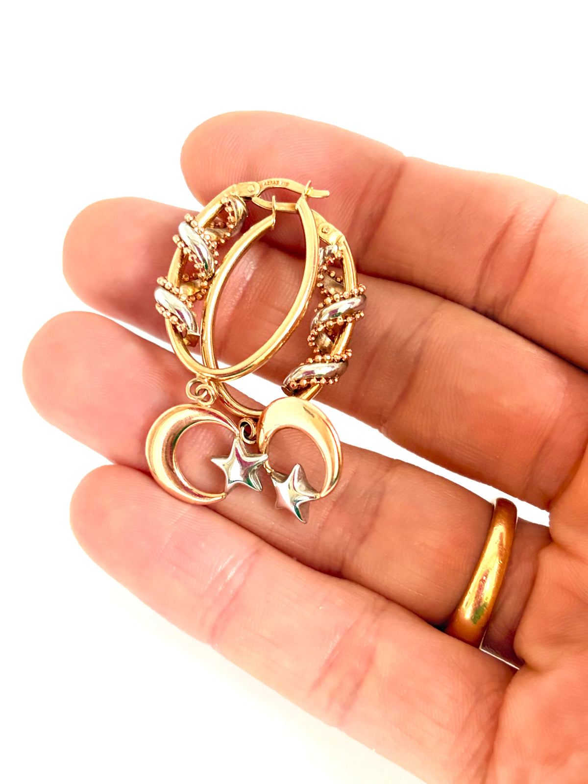 Vintage, 14ct Rose and White Gold Hoop Earrings with Celestial detail
