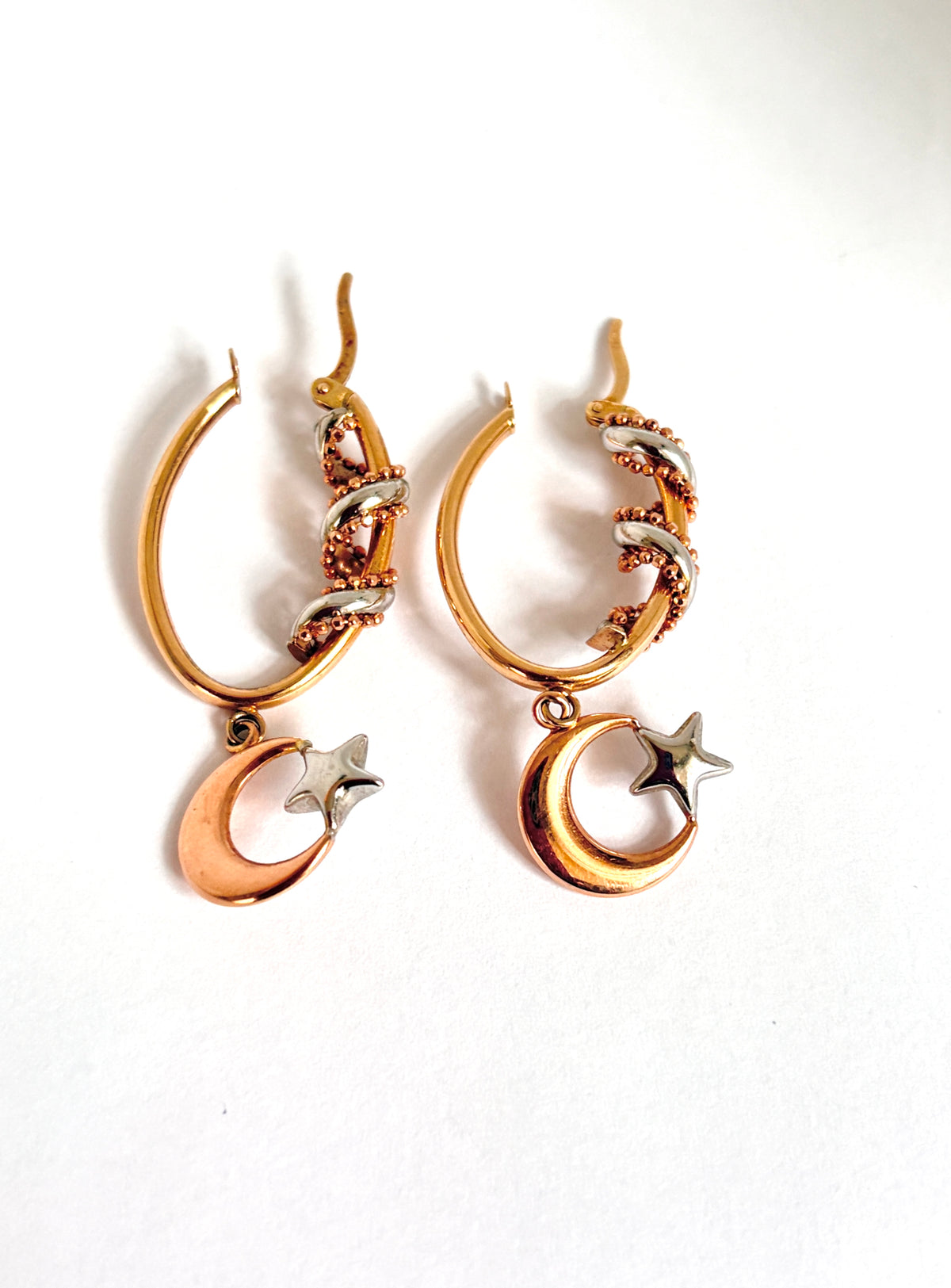 Vintage, 14ct Rose and White Gold Hoop Earrings with Celestial detail