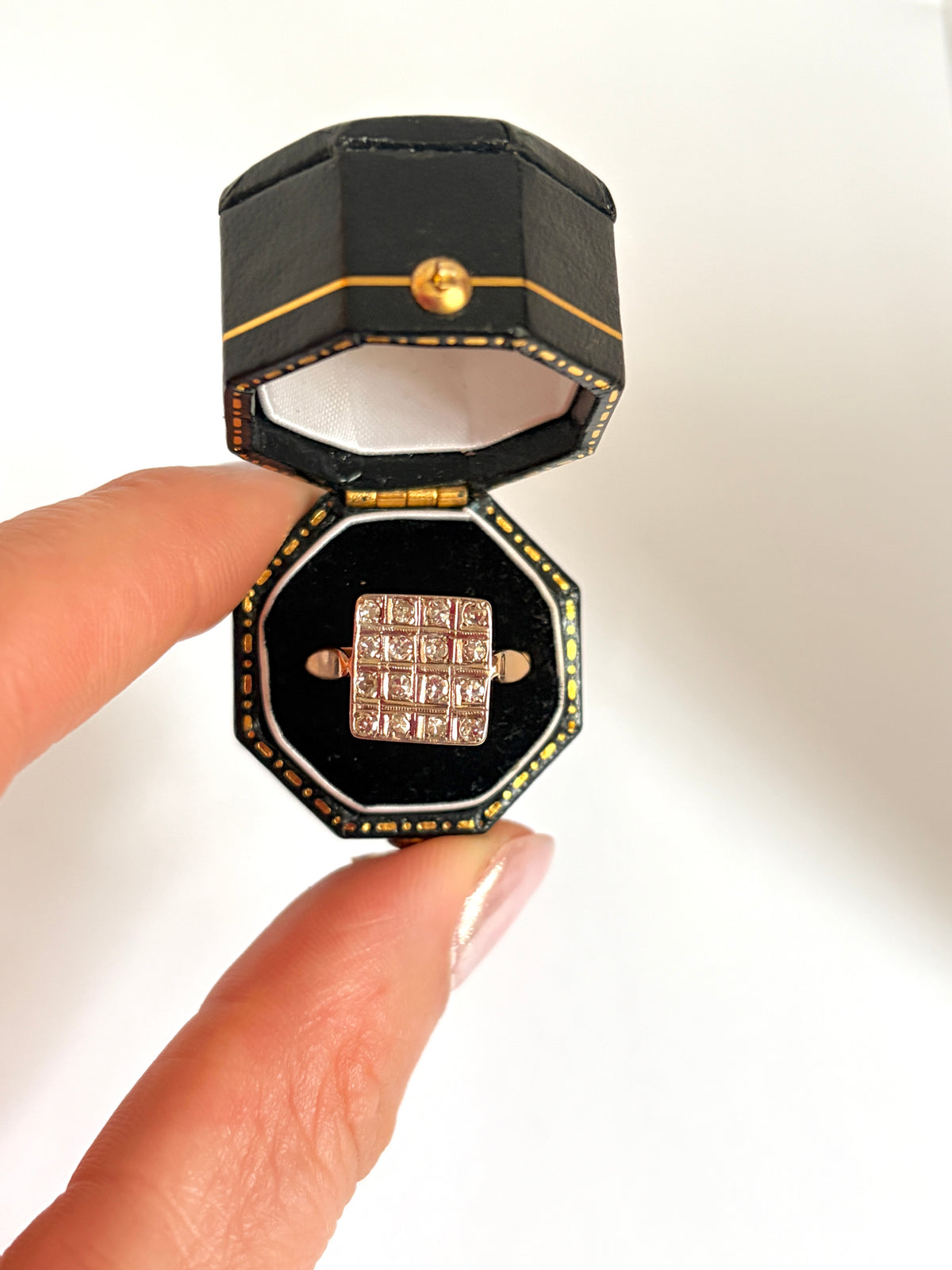 Art Deco 18ct Gold, Diamond Chequerboard Ring, 4.30g