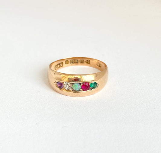 Antique, 15ct Gold Multigem Acrostic, 'ADORE' ring, Hallmarked 15ct Gold, 1897
