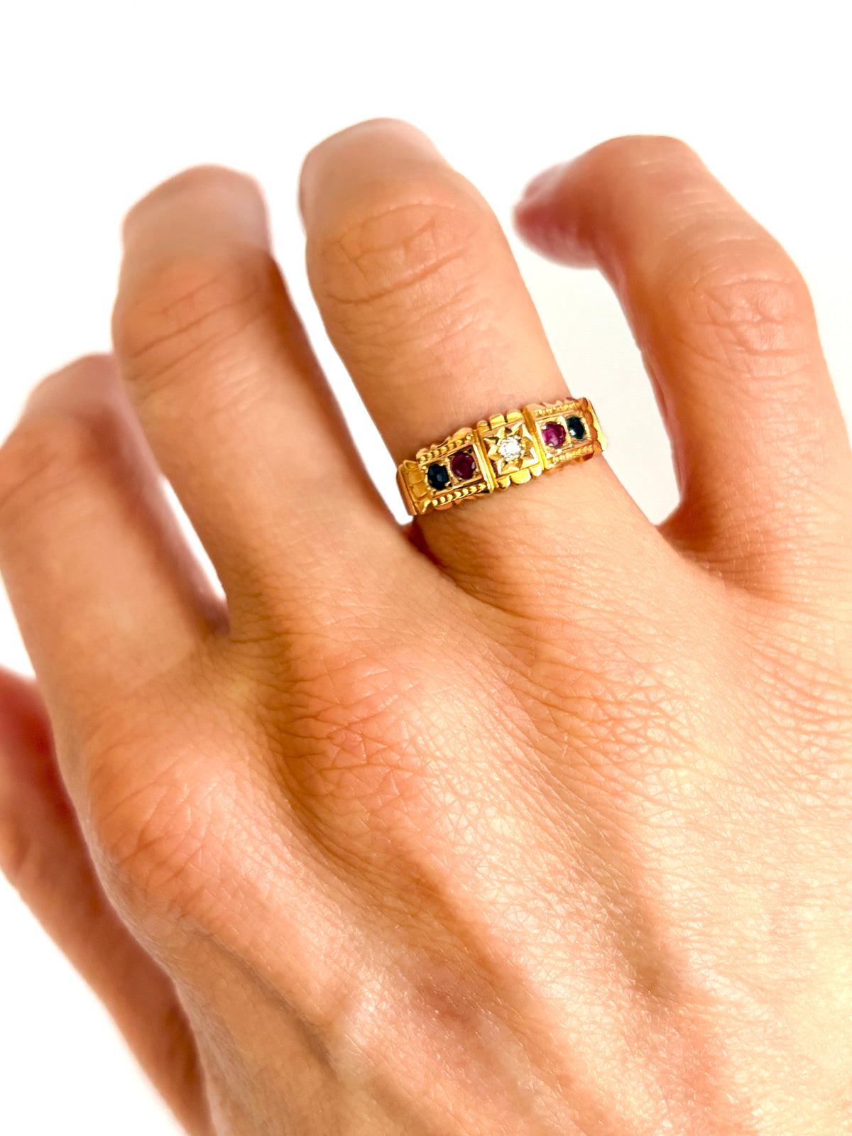 Antique 15ct Gold Diamond, Ruby & Sapphire Ring, Hallmarked Chester, 15ct Gold
