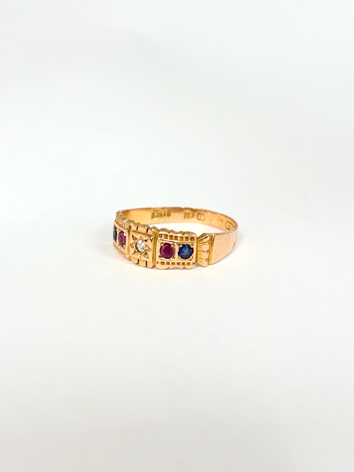 Antique 15ct Gold Diamond, Ruby & Sapphire Ring, Hallmarked Chester, 15ct Gold