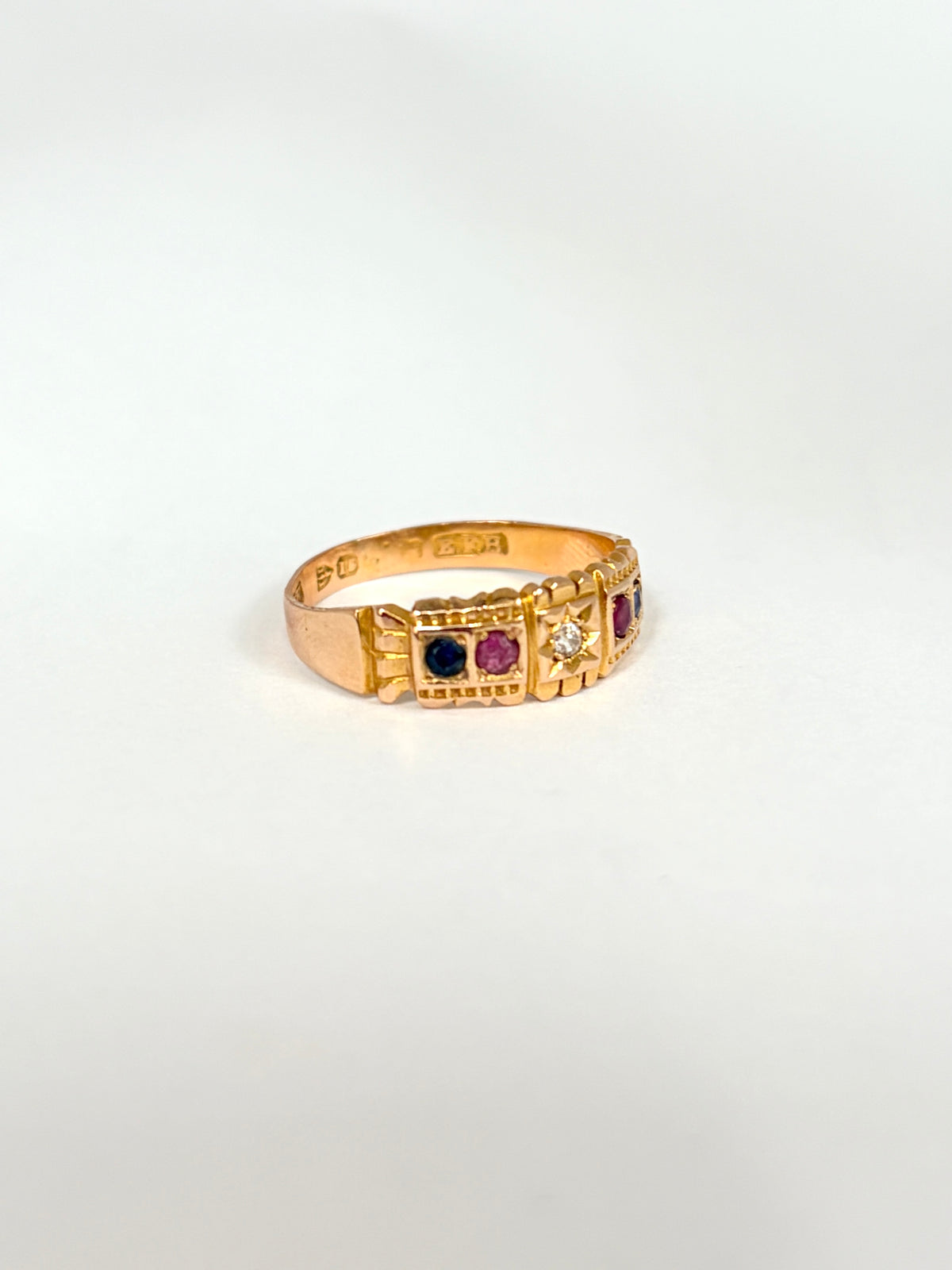 Antique 15ct Gold Diamond, Ruby & Sapphire Ring, Hallmarked Chester, 15ct Gold