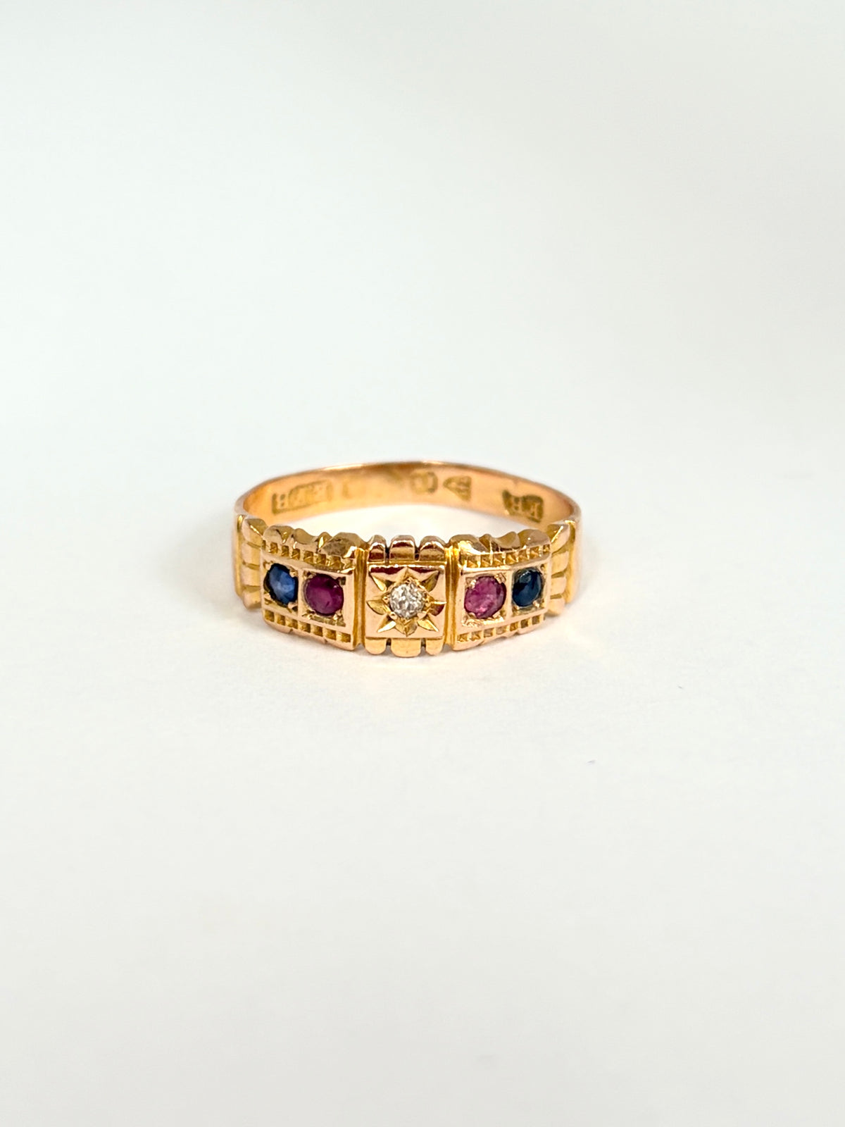 Antique 15ct Gold Diamond, Ruby & Sapphire Ring, Hallmarked Chester, 15ct Gold