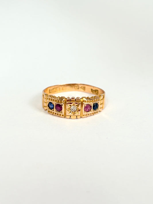 Antique 15ct Gold Diamond, Ruby & Sapphire Ring, Hallmarked Chester, 15ct Gold