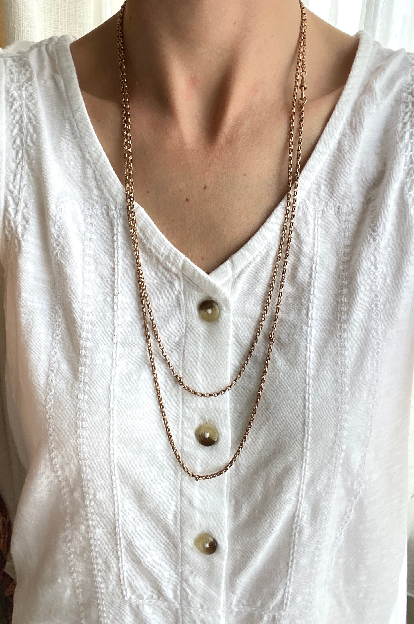 57 inch, Antique, Rolled Gold Victorian Long Guard Chain with Dog Clip 23.6g