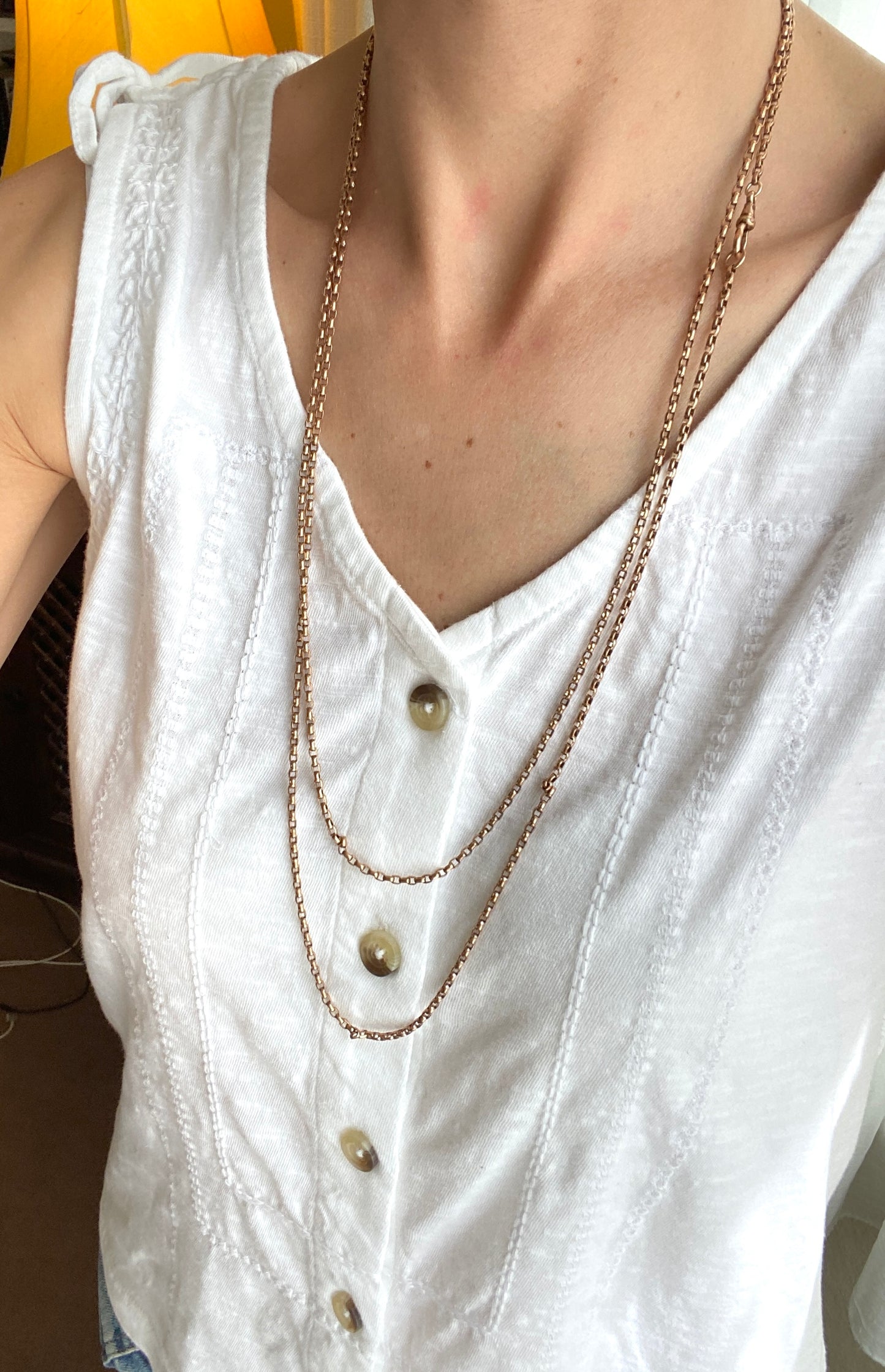 57 inch, Antique, Rolled Gold Victorian Long Guard Chain with Dog Clip 23.6g