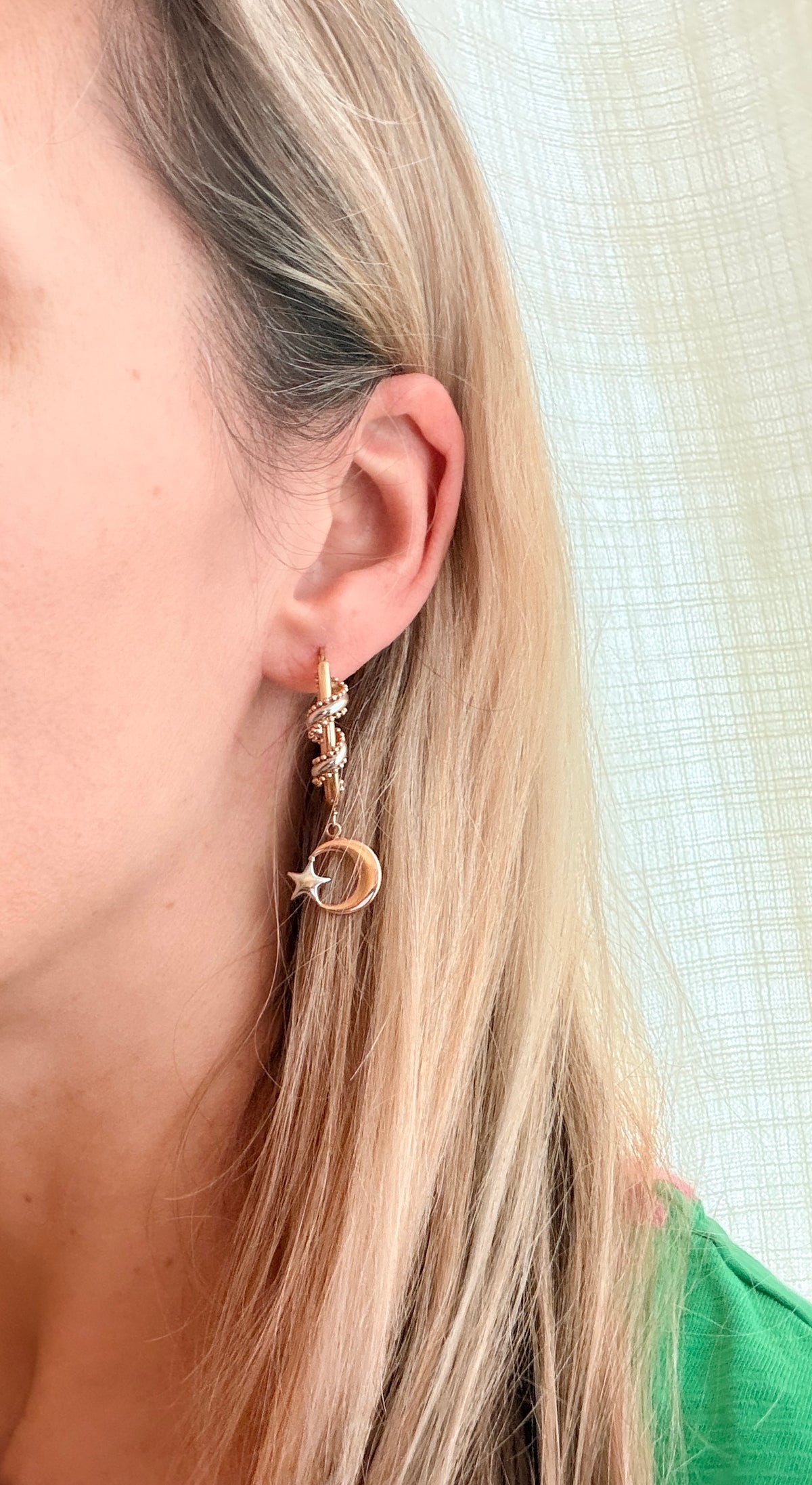 Vintage, 14ct Rose and White Gold Hoop Earrings with Celestial detail